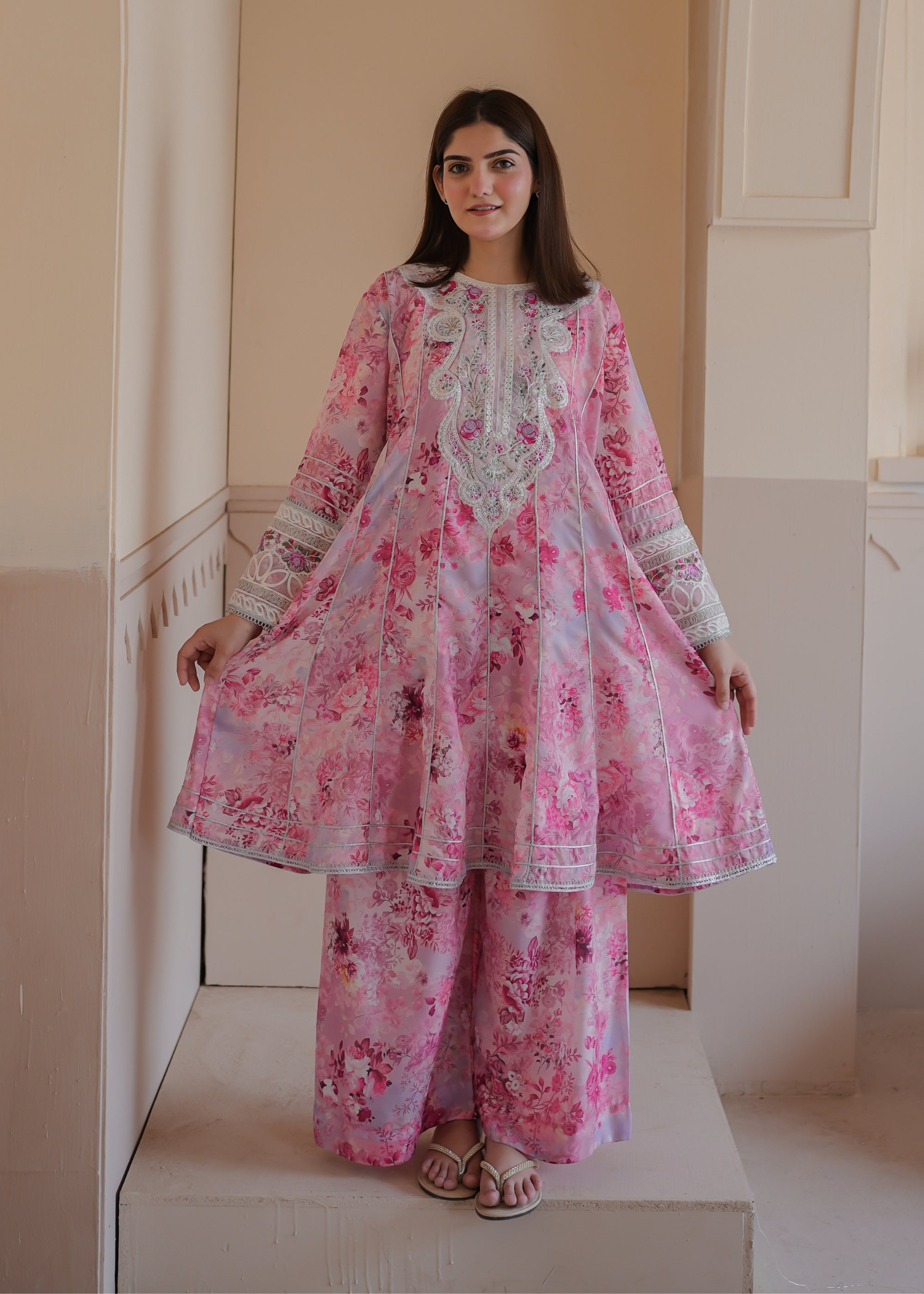 poly lawn Short Frock in Lavender pink