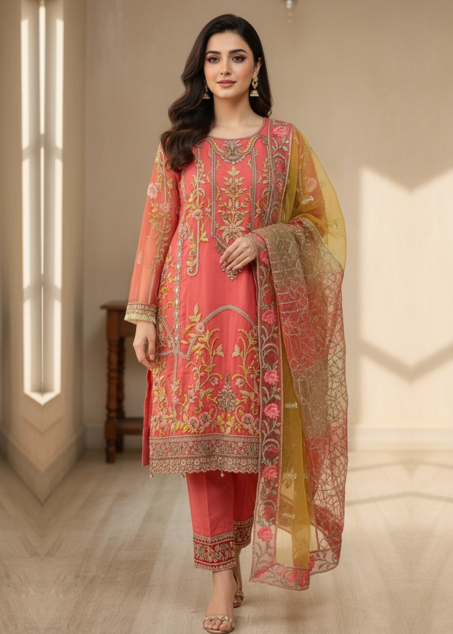 organza Kurta Set in Coral pink