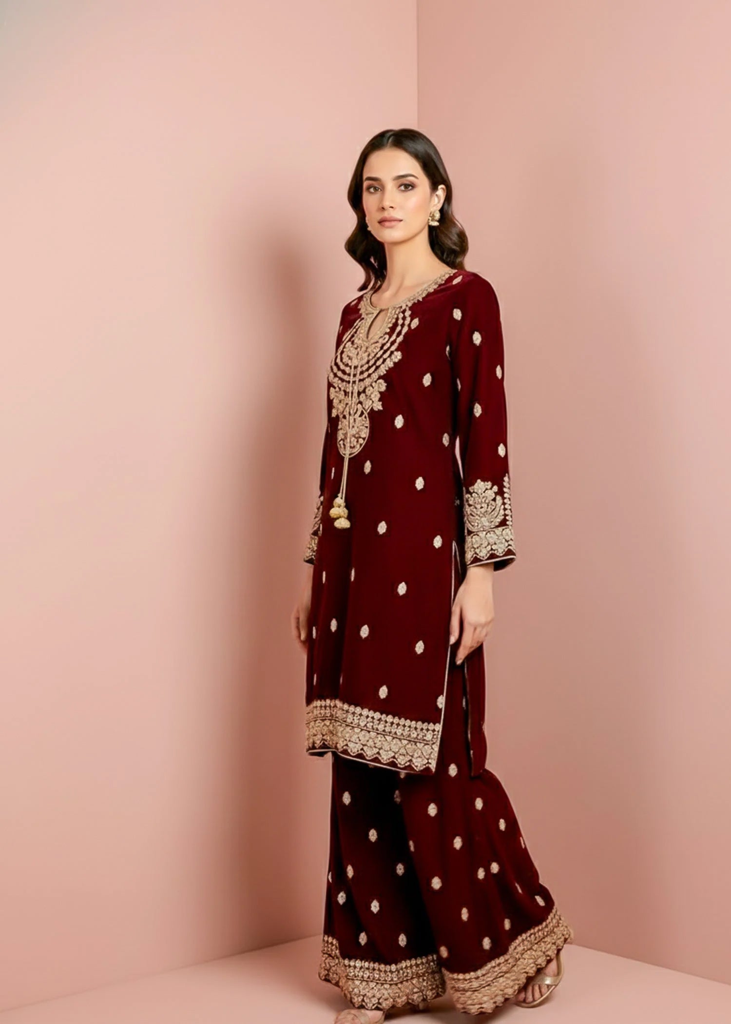 chinese micro velvet 9000 Kurta Set in Maroon