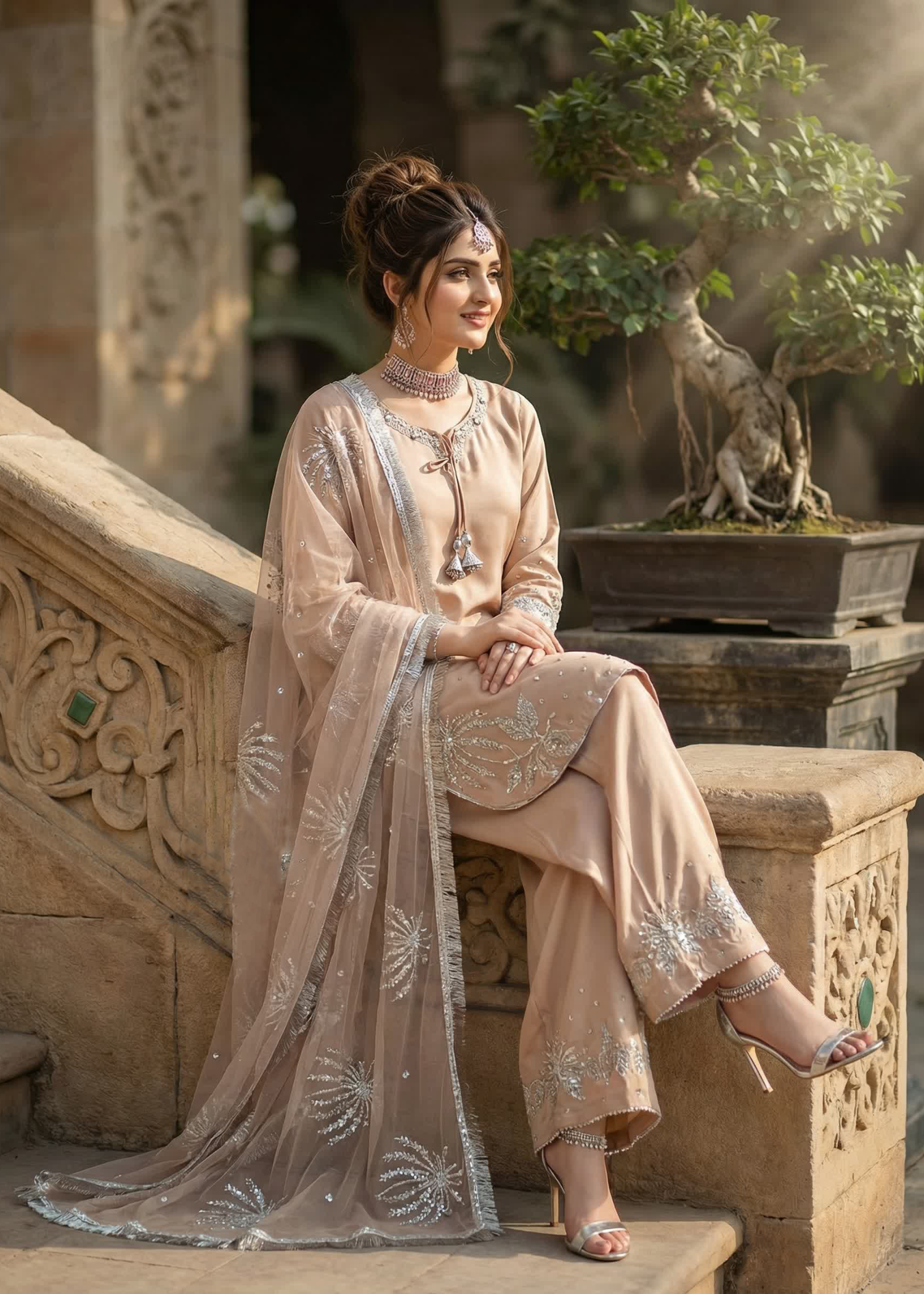 kattan silk Kurta Set in Peach pink