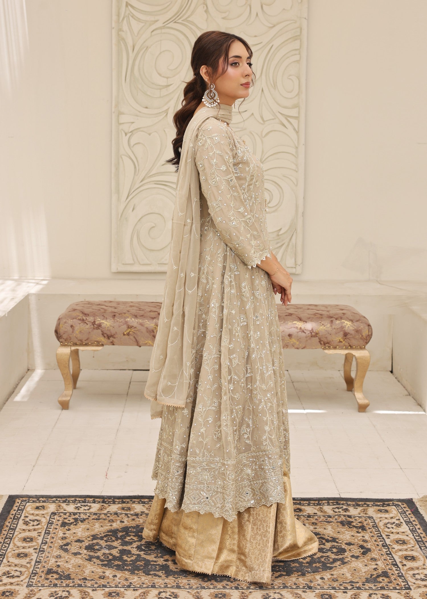 bemberg crinkle chiffon Lehenga in Eggshell