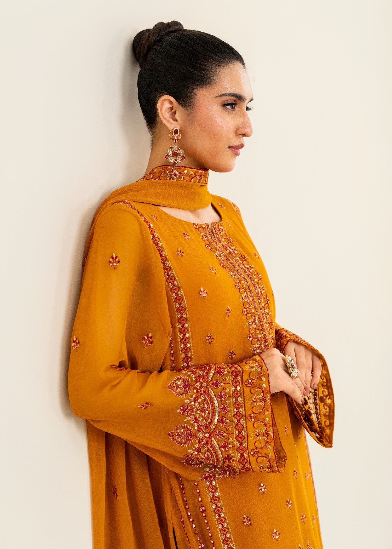 chiffon Kurta Set in Pumpkin orange