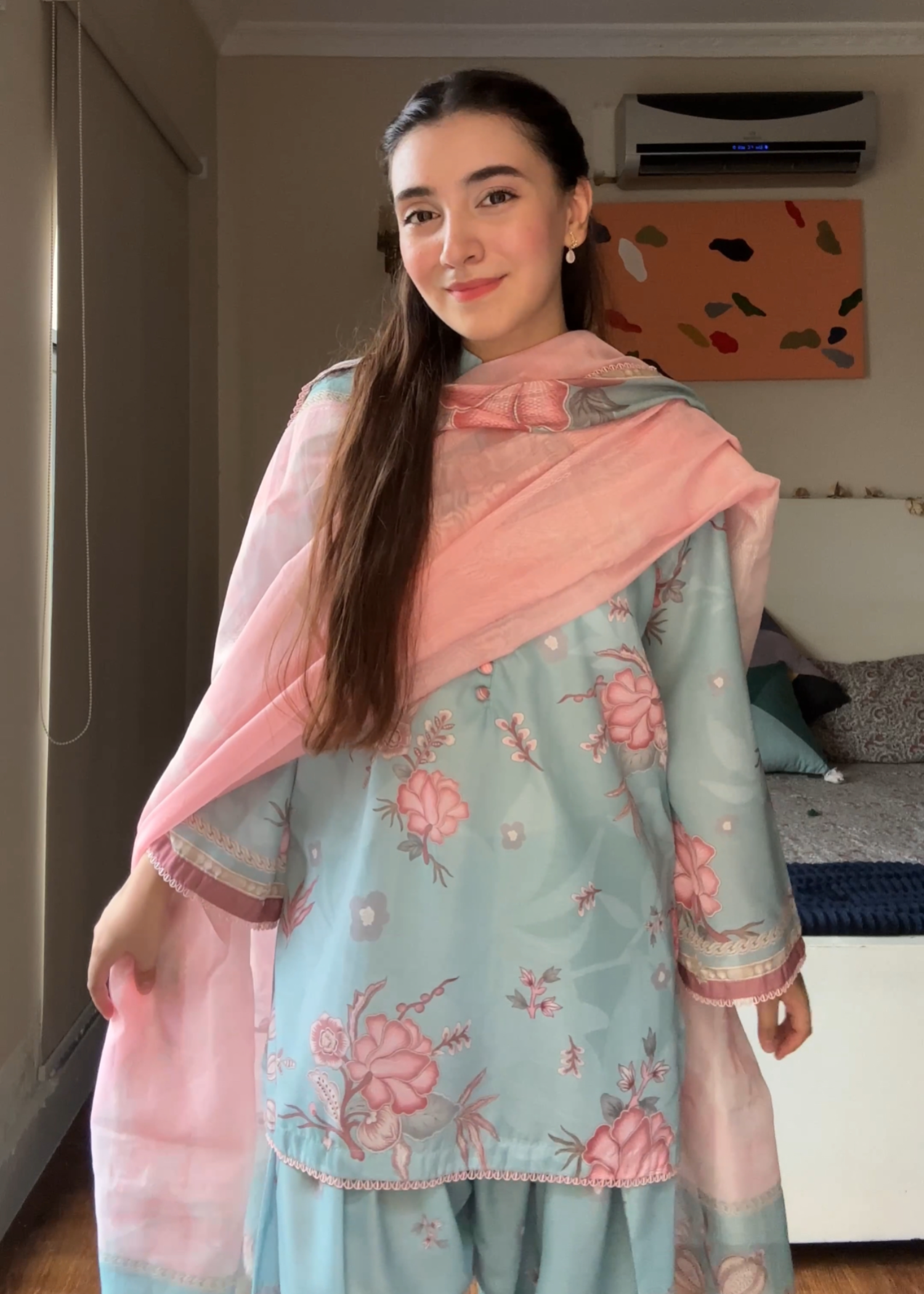 silk finish lawn Kurta Set in Sky blue