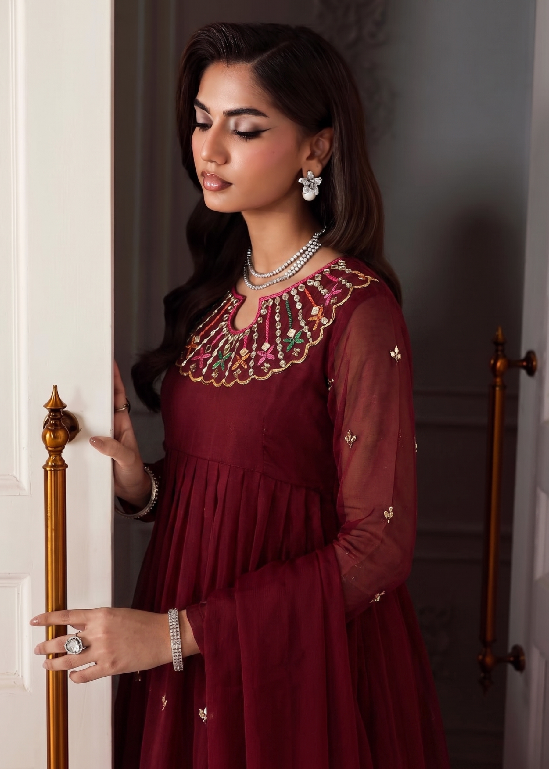 poly organza Anarkali in Maroon