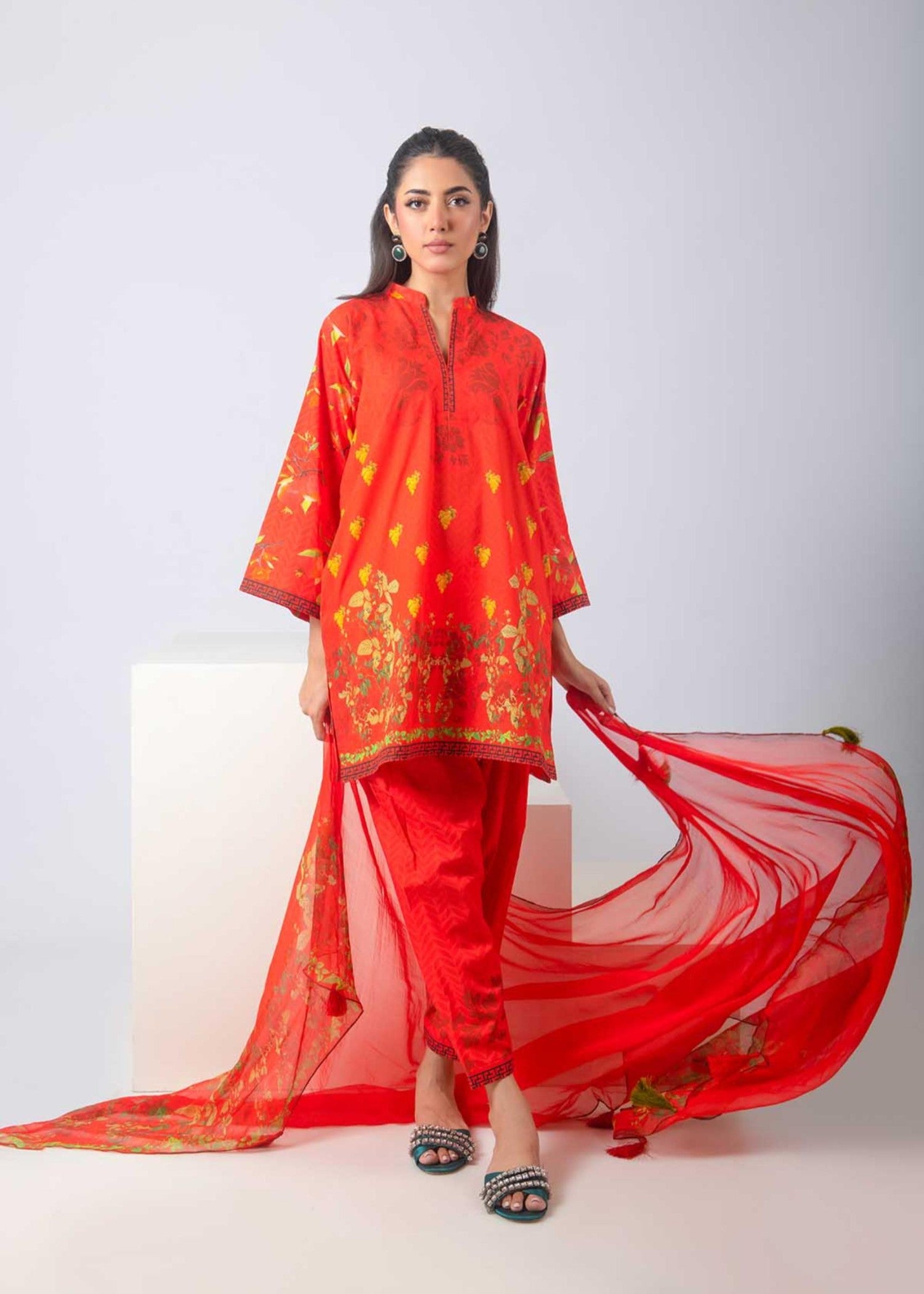 poly lawn Unstitched in Red