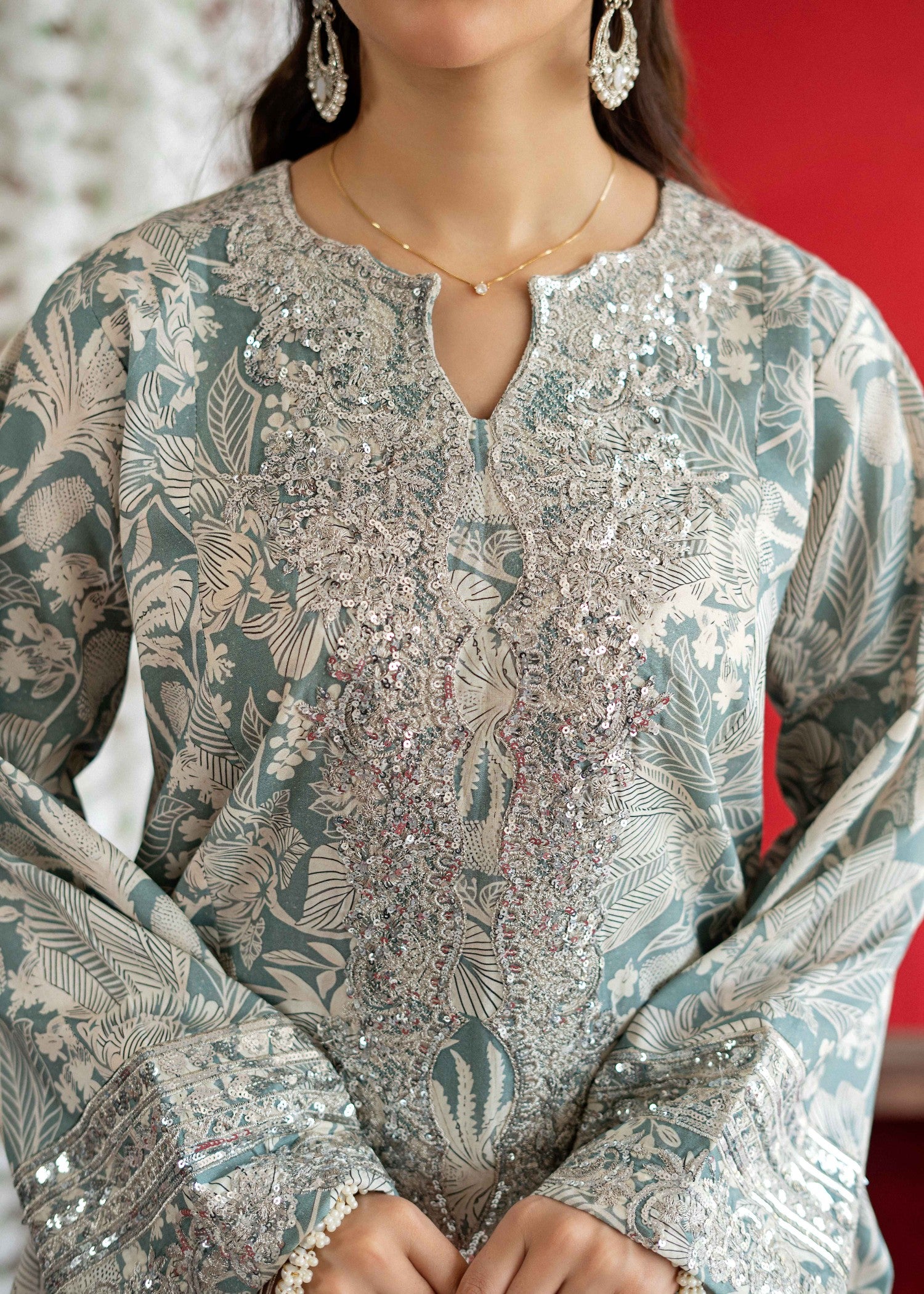 lawn Kurta Set in Duck egg grey