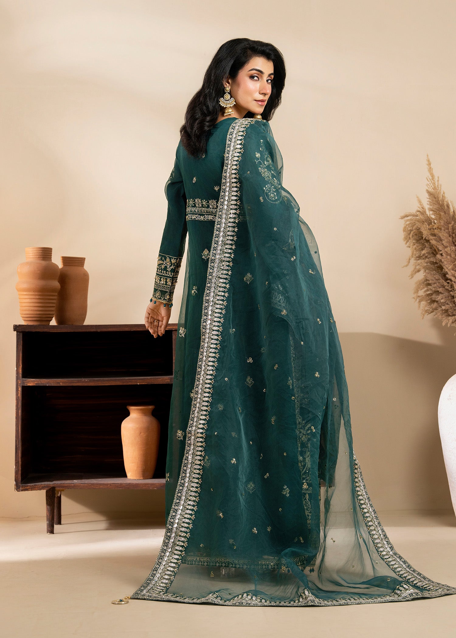 net Kurta Set in Pine green