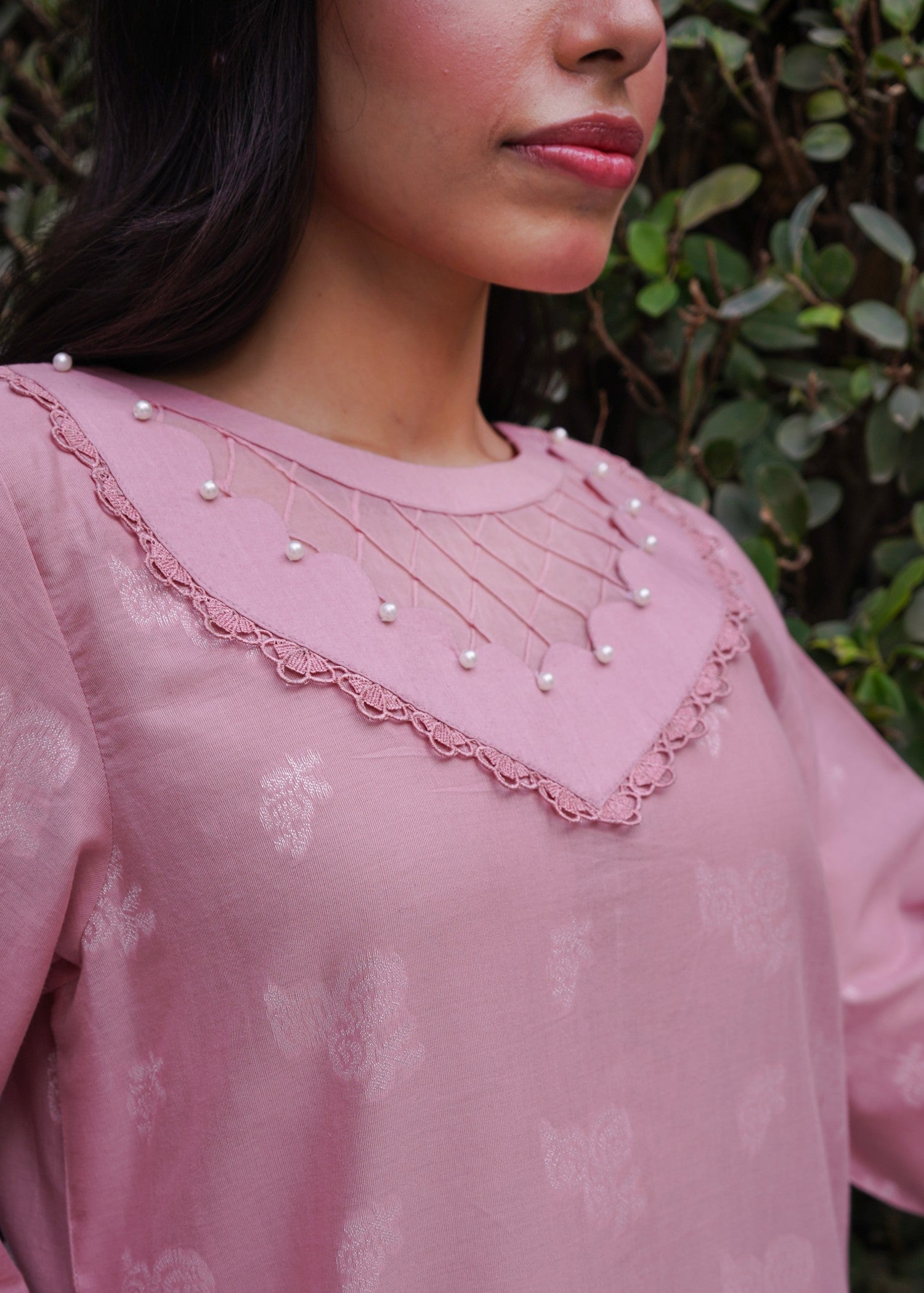 yarn dyed jacquard Kurta Set in Tea rose pink