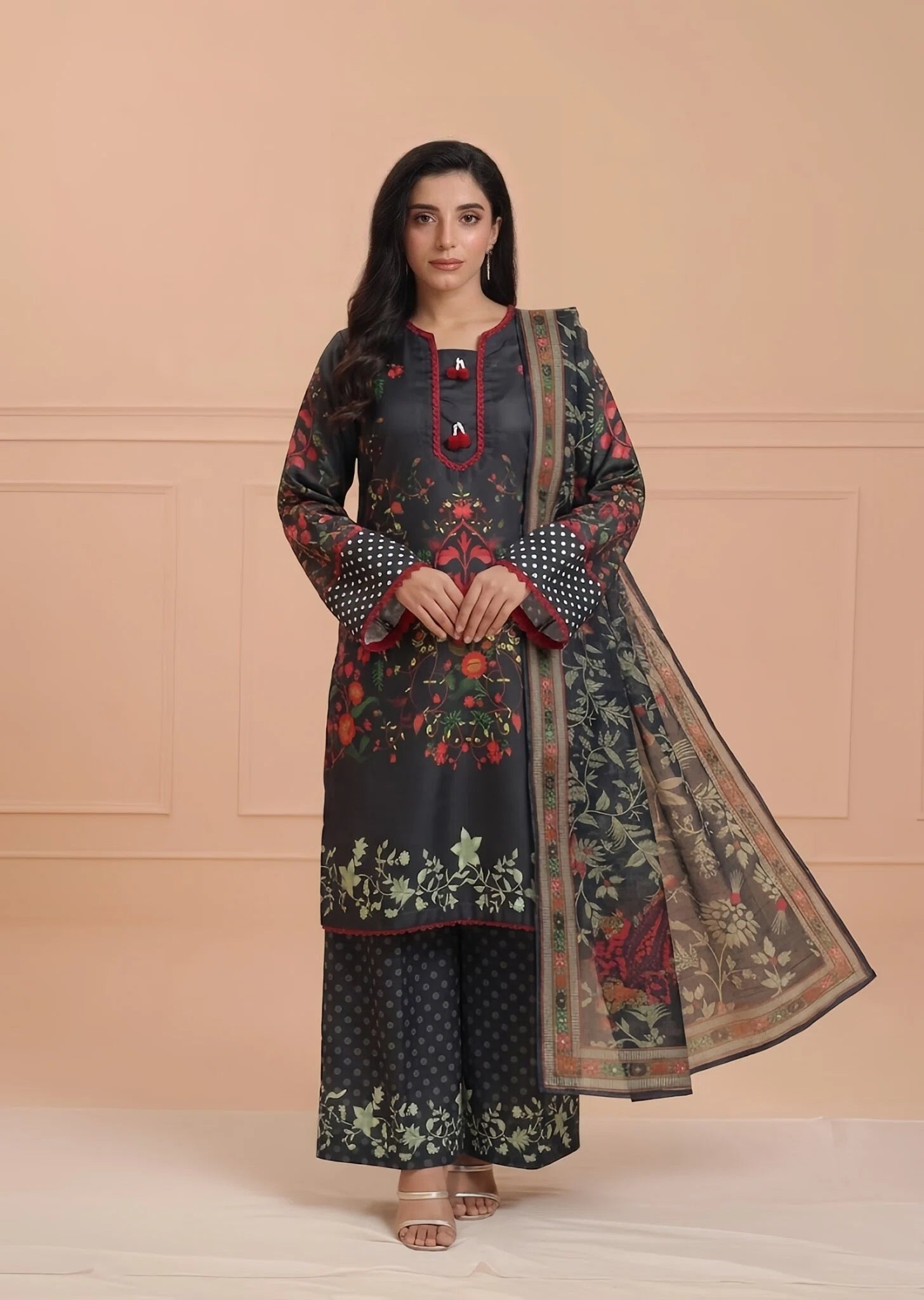 poly lawn Kurta Set in Black