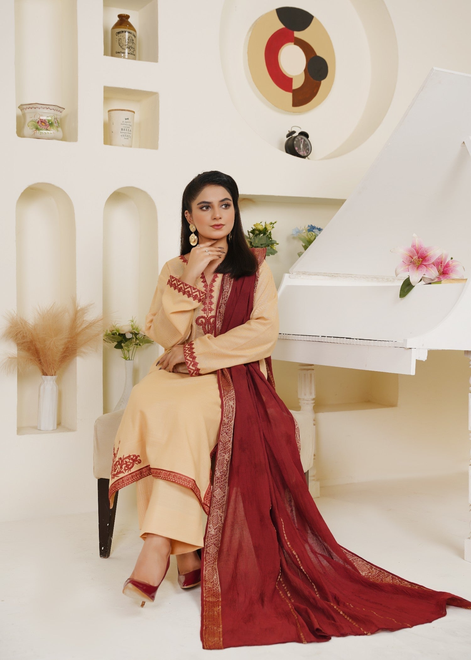 khaddar Kurta Set in Gold, burnt red, buttercream