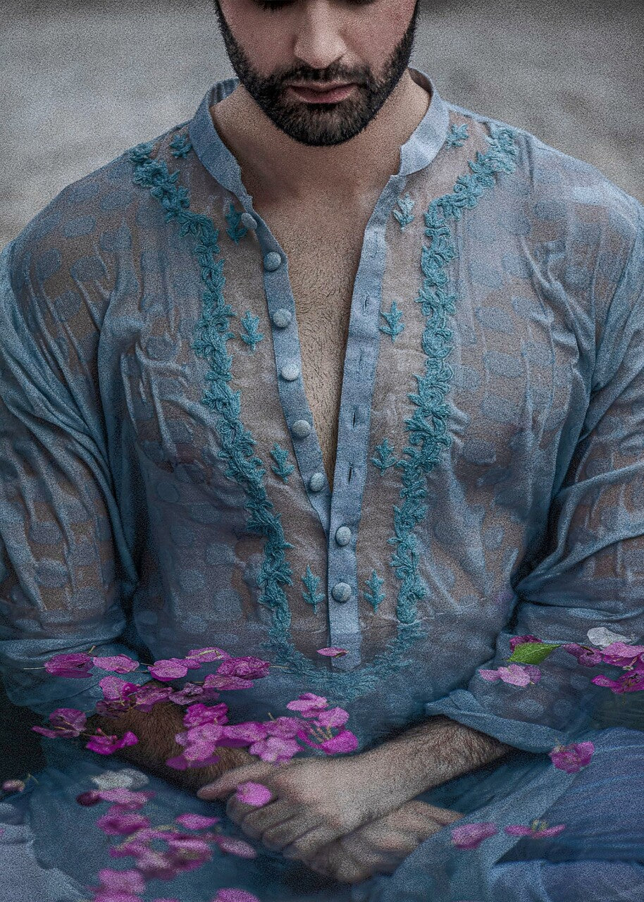 cotton net Kurta in Sky blue