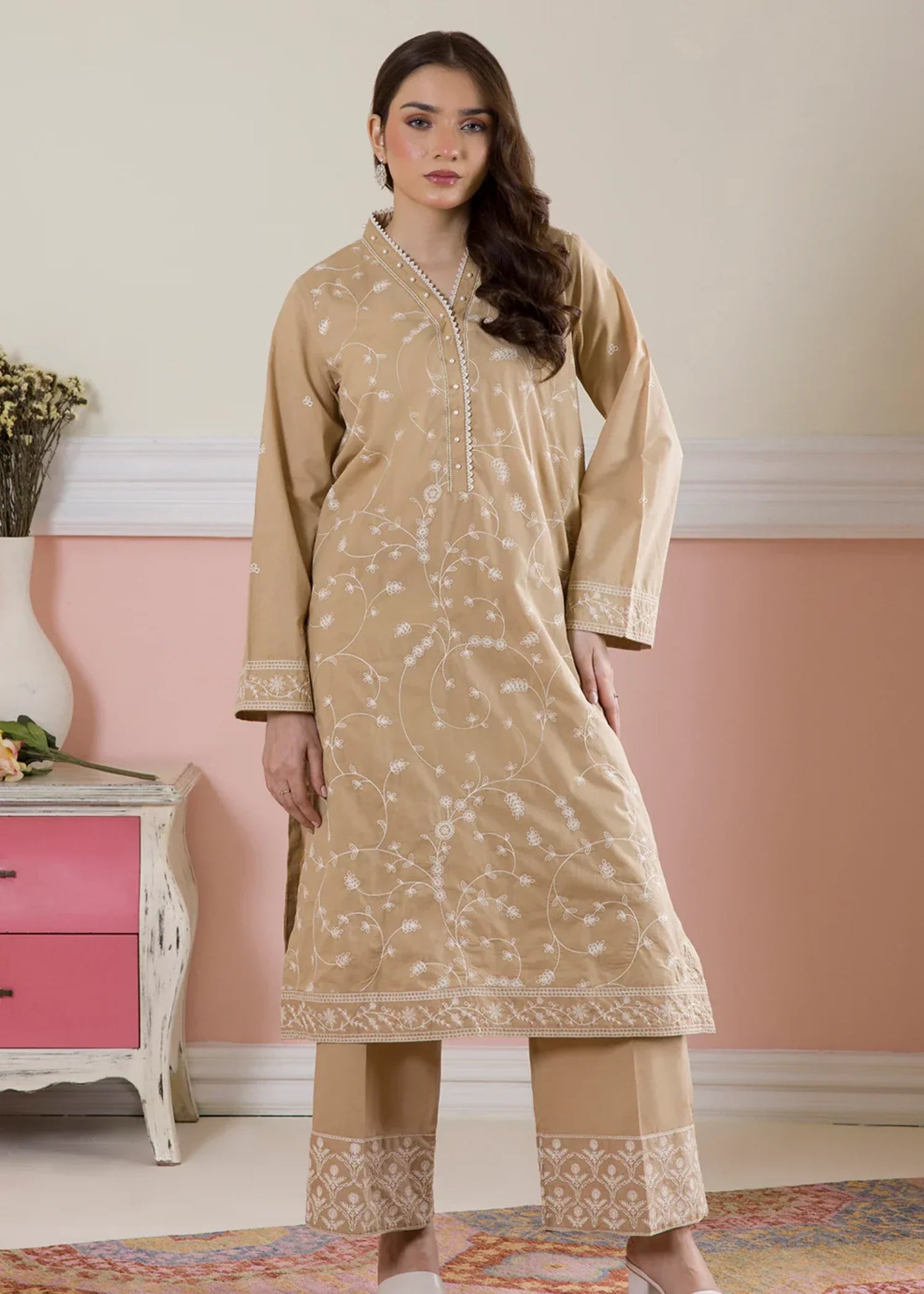 cambric Kurta Set in Sand brown