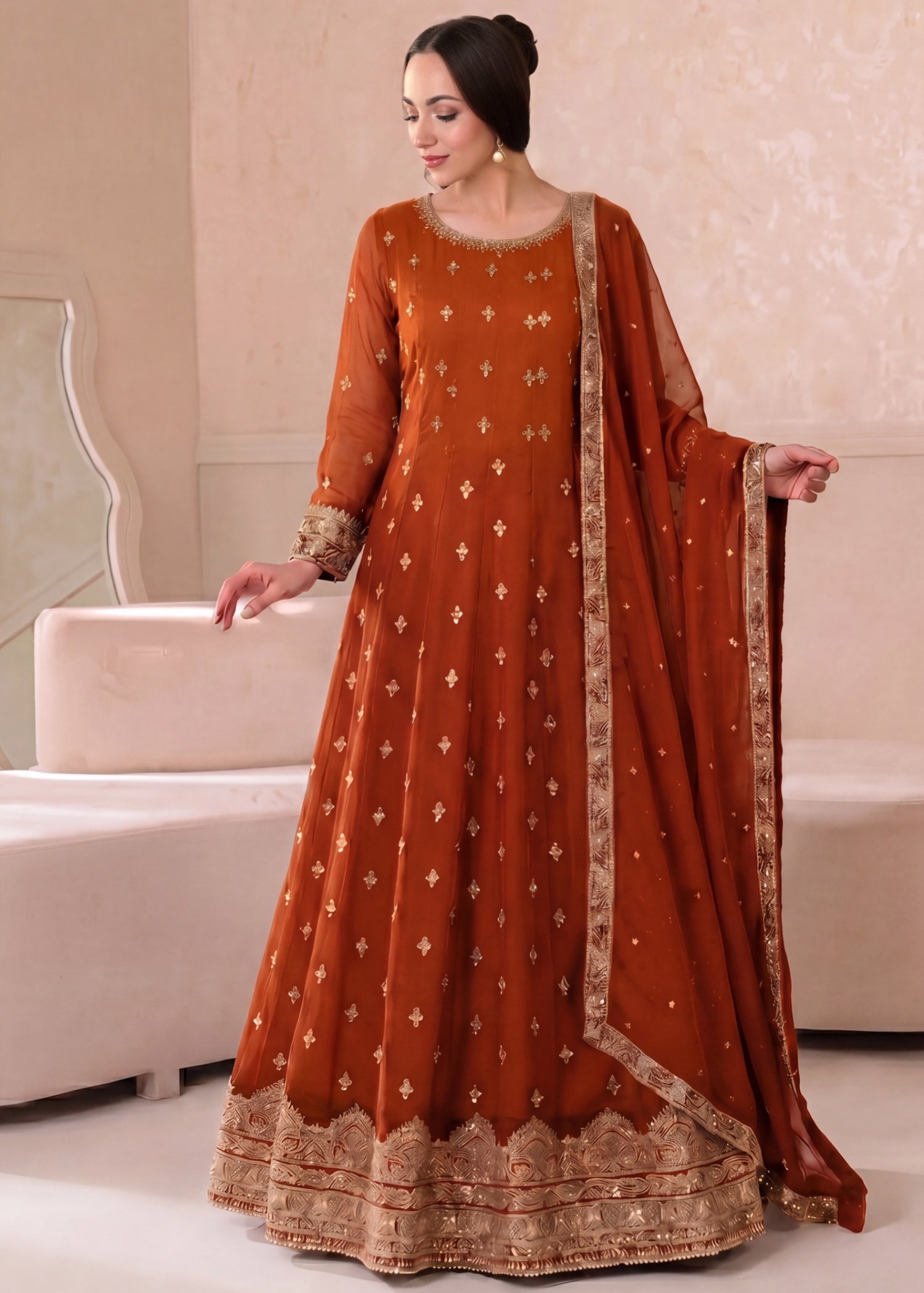 chiffon Pishwas in Rust orange