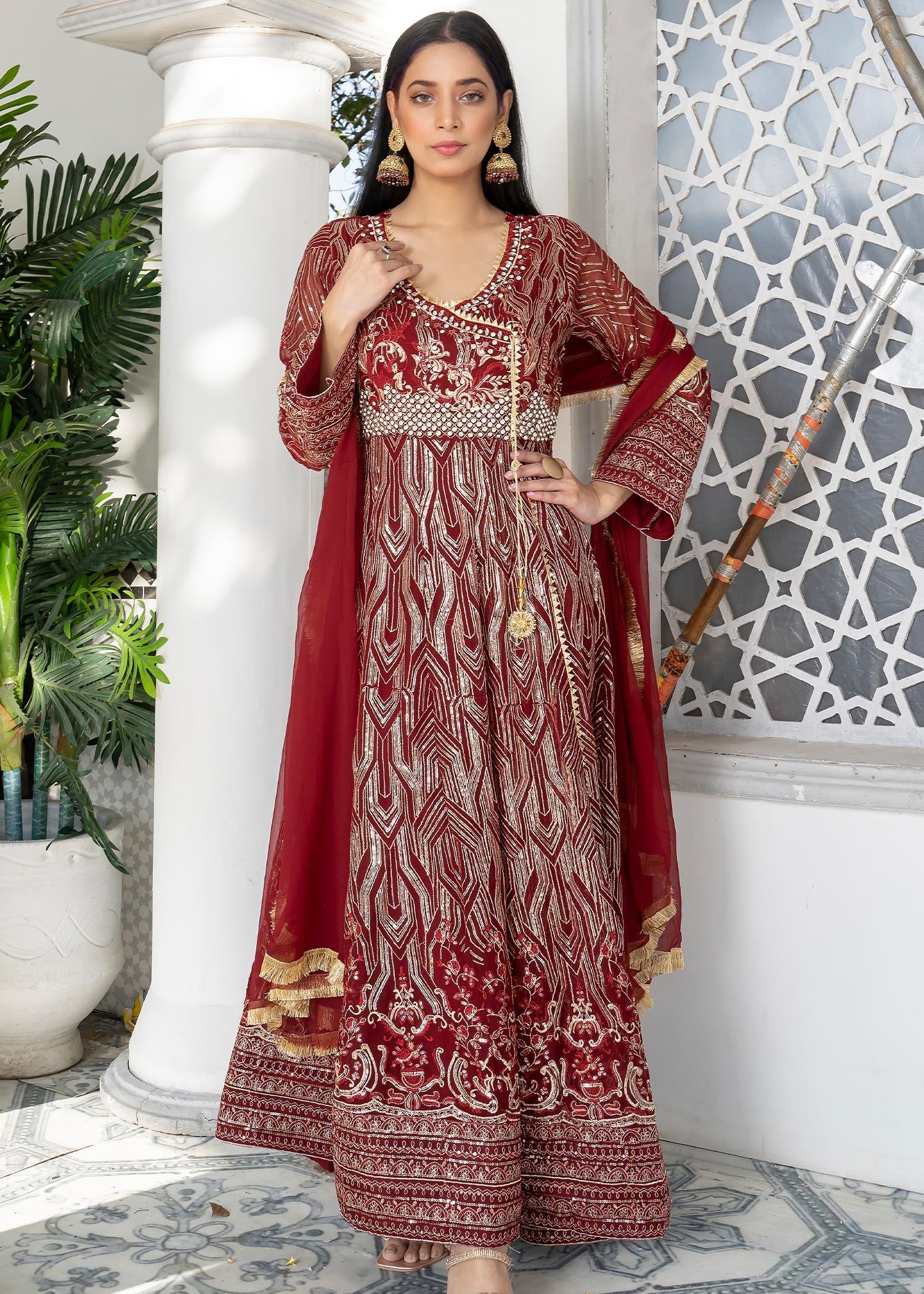 chiffon Angrakha in Maroon