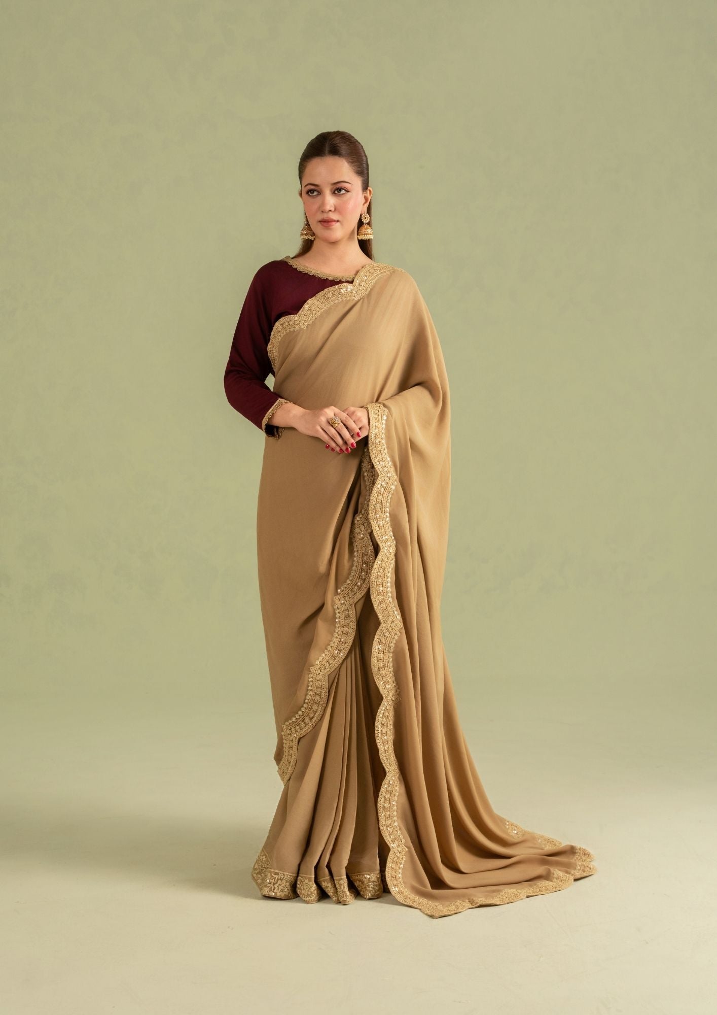 georgette Saree in Maroon, camel brown