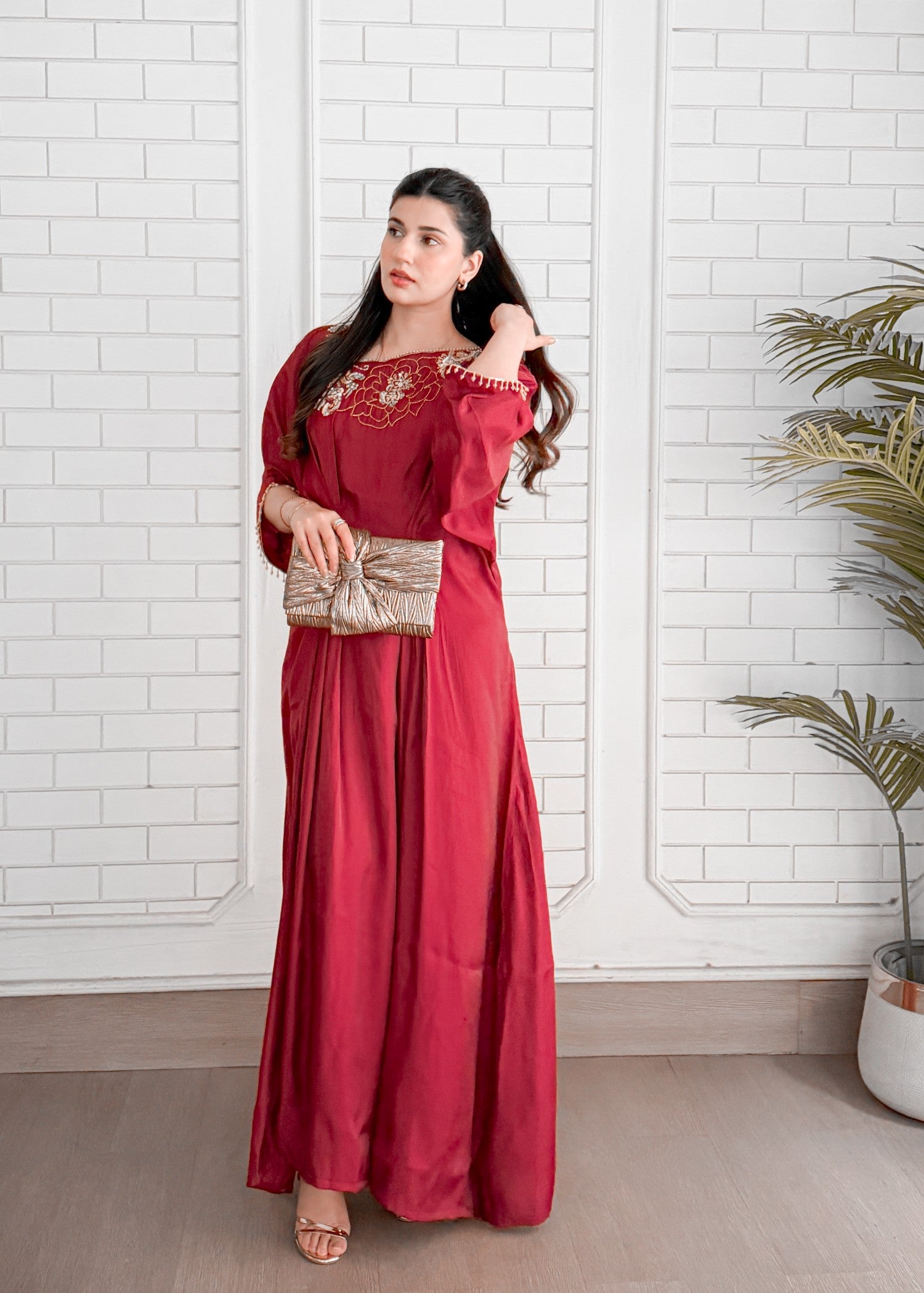 cotton silk Kaftan in Maroon