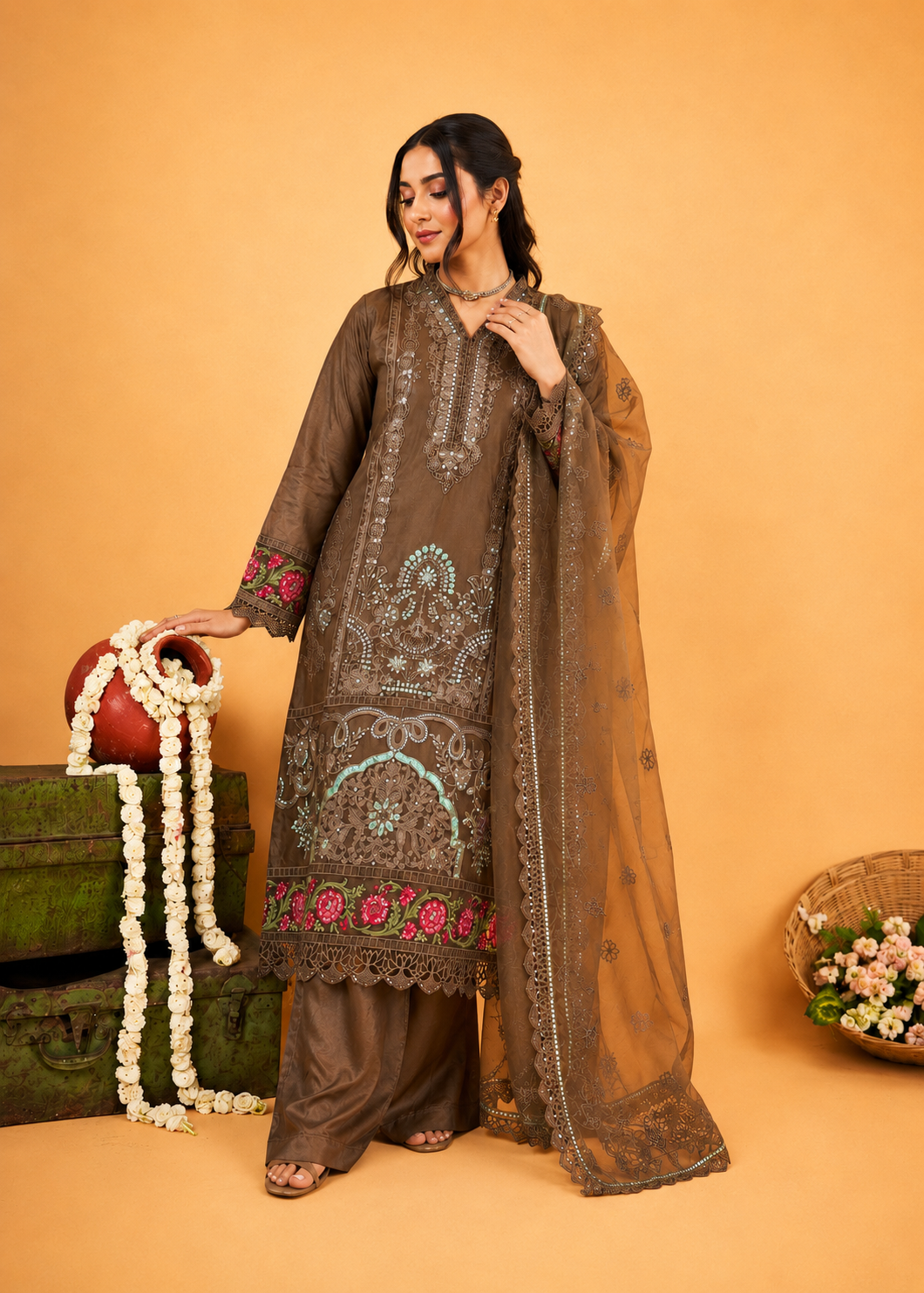 organza Kurta Set in Mocha brown
