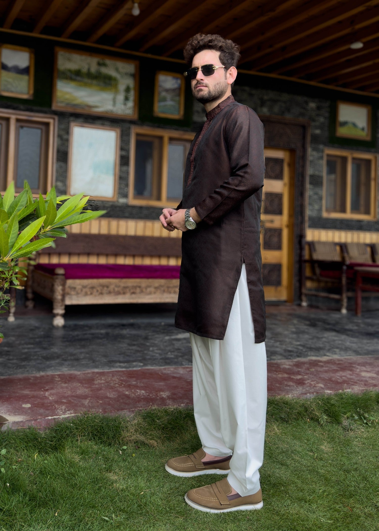 traditional jamawar Kurta in Cinnamon brown