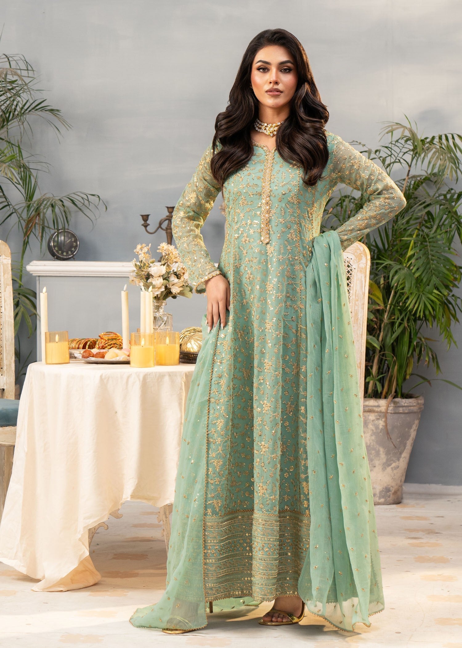 chiffon Pishwas in Pastel green