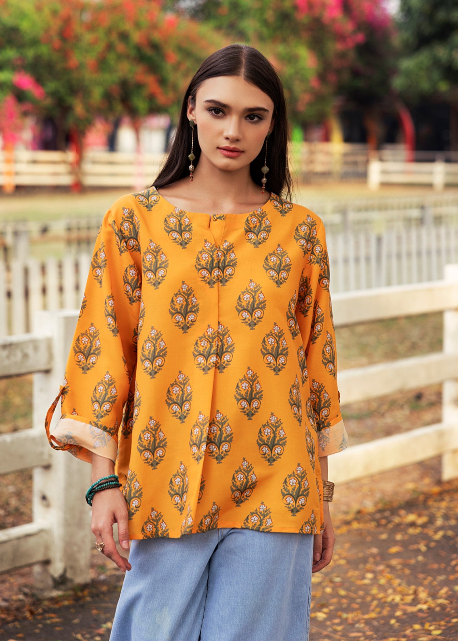 silk finish lawn Top in Orange