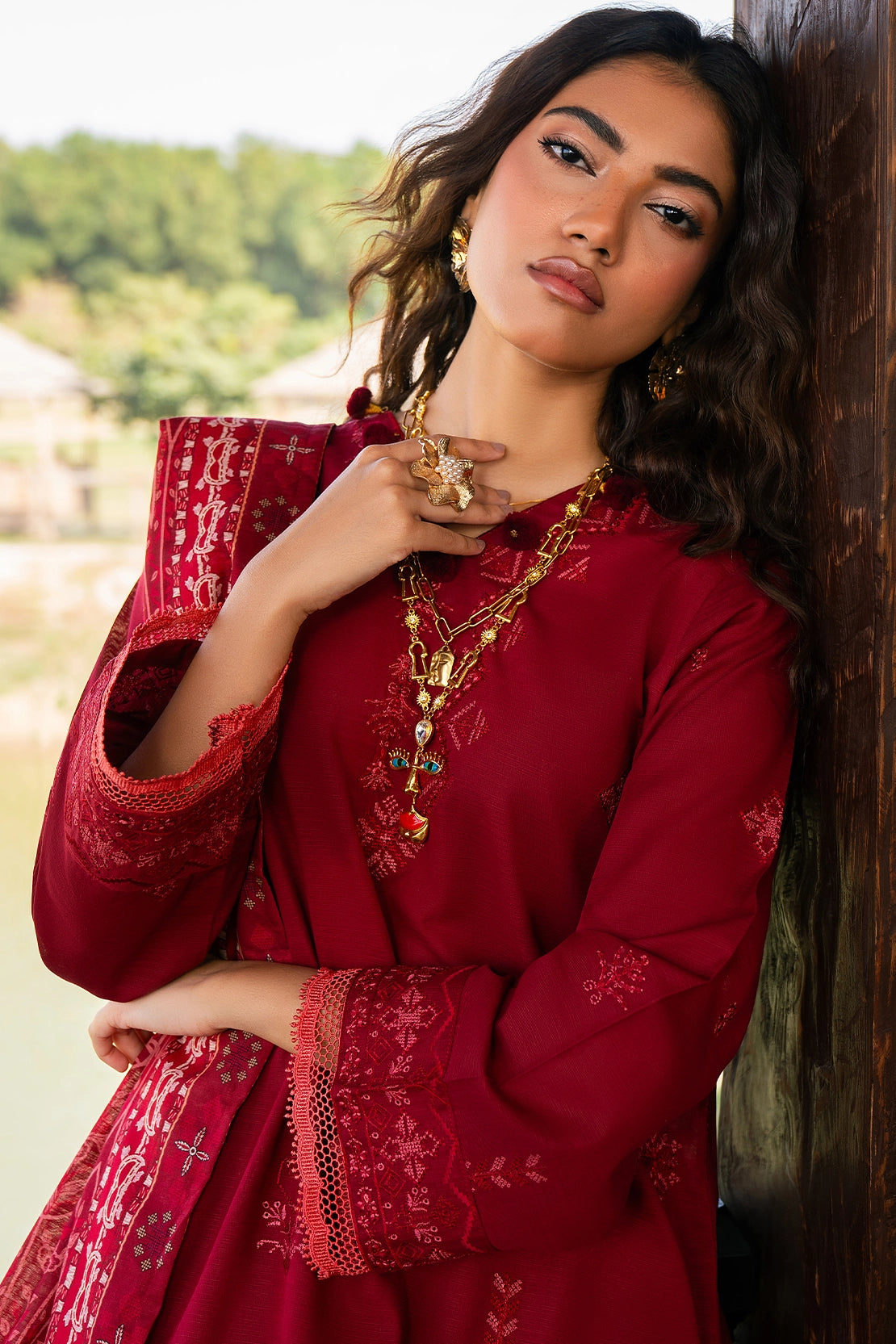 twill khaddar Unstitched in Red