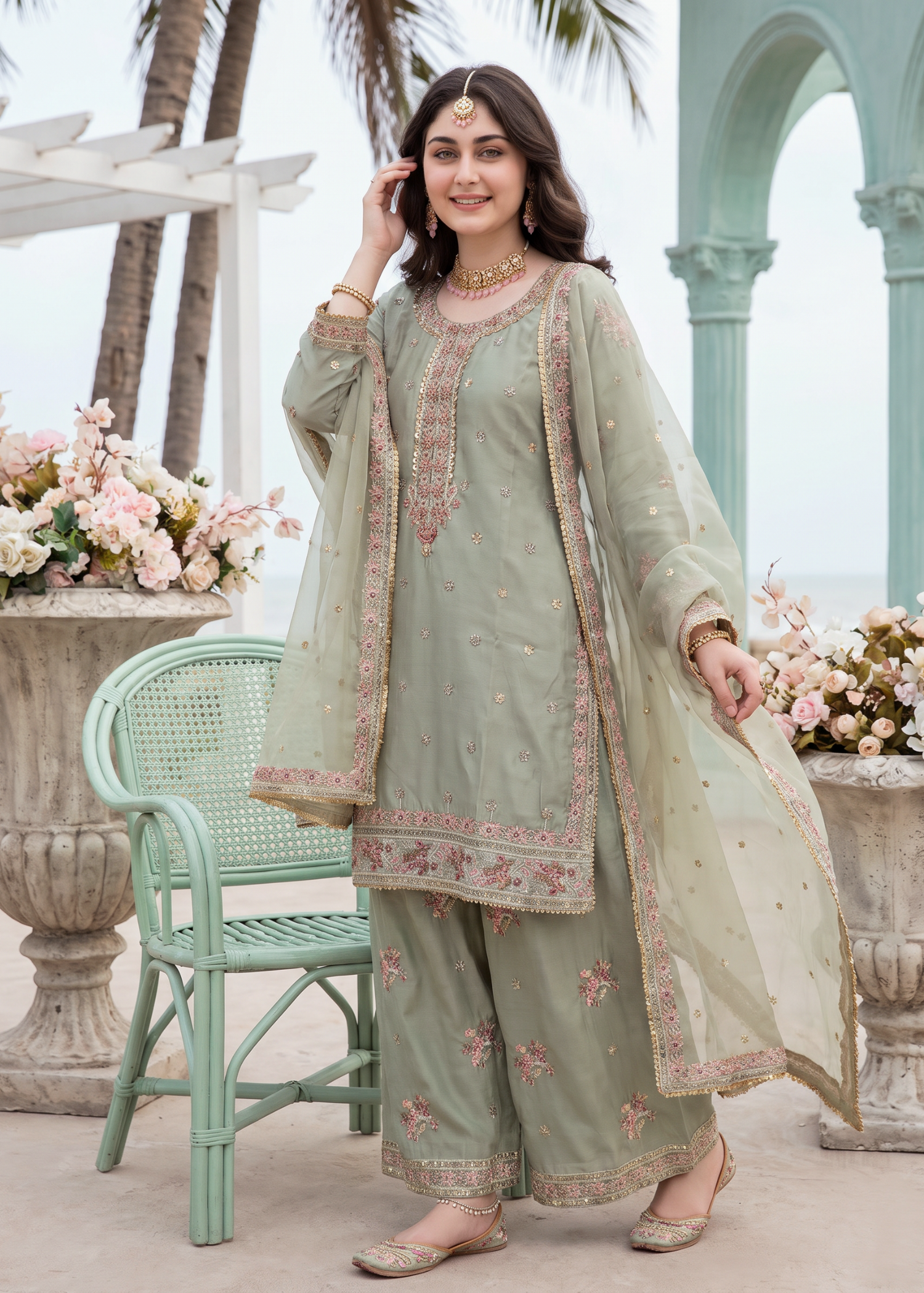 kattan silk Kurta Set in Tea green