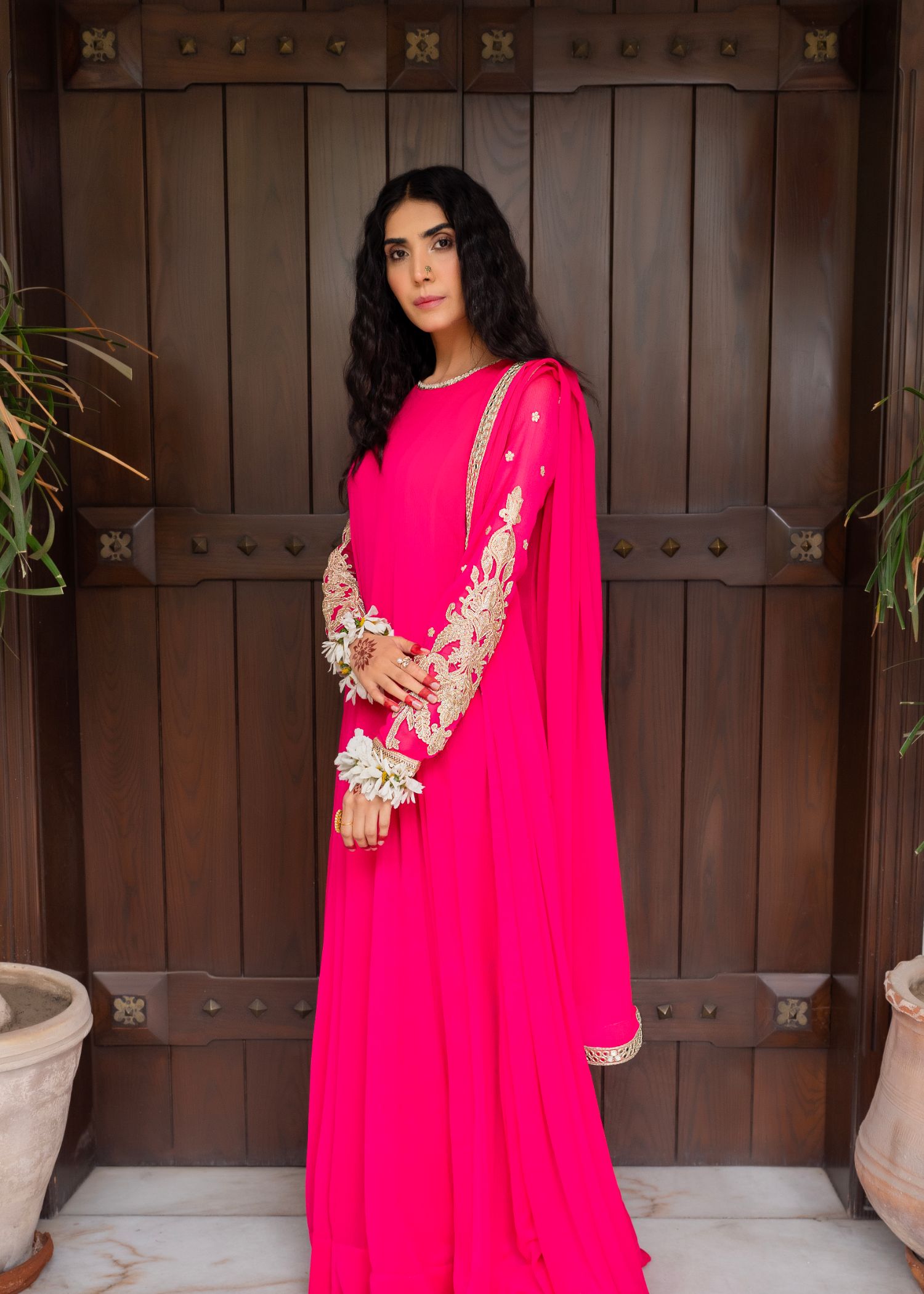 bemberg crinkle chiffon Maxi in Hot pink