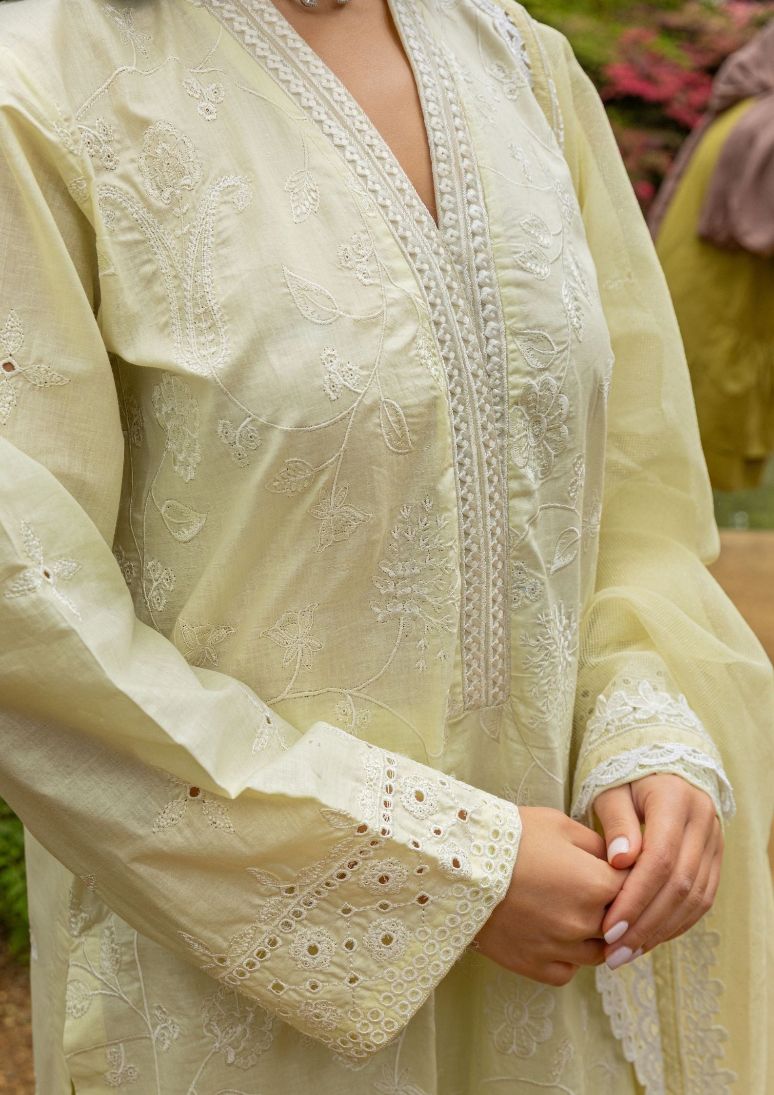 lawn cotton Kurta Set in Light yellow