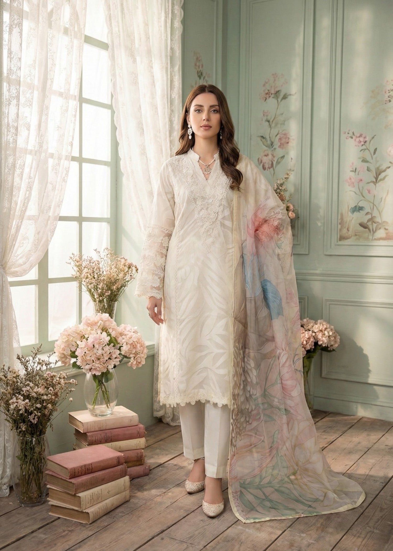 jacquard organza Kurta Set in Light yellow