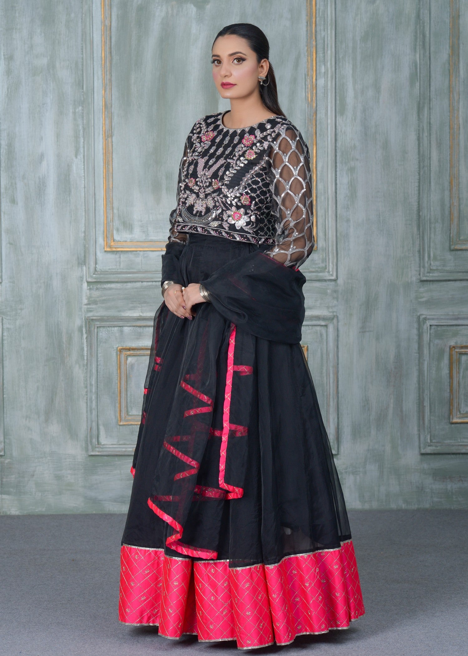 organza Lehenga in Black, hot pink red