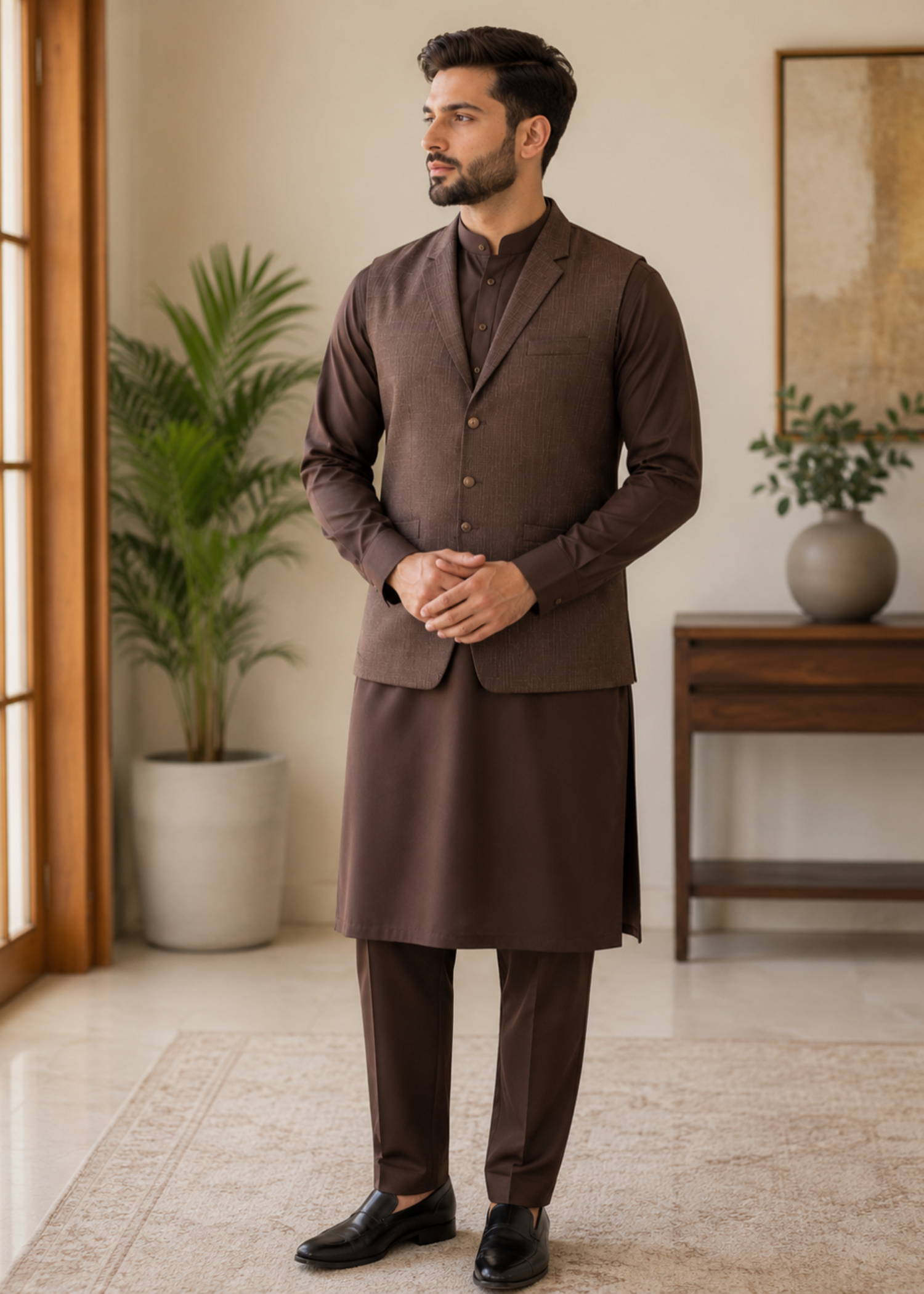 textured wash & wear Waistcoat in Walnut brown