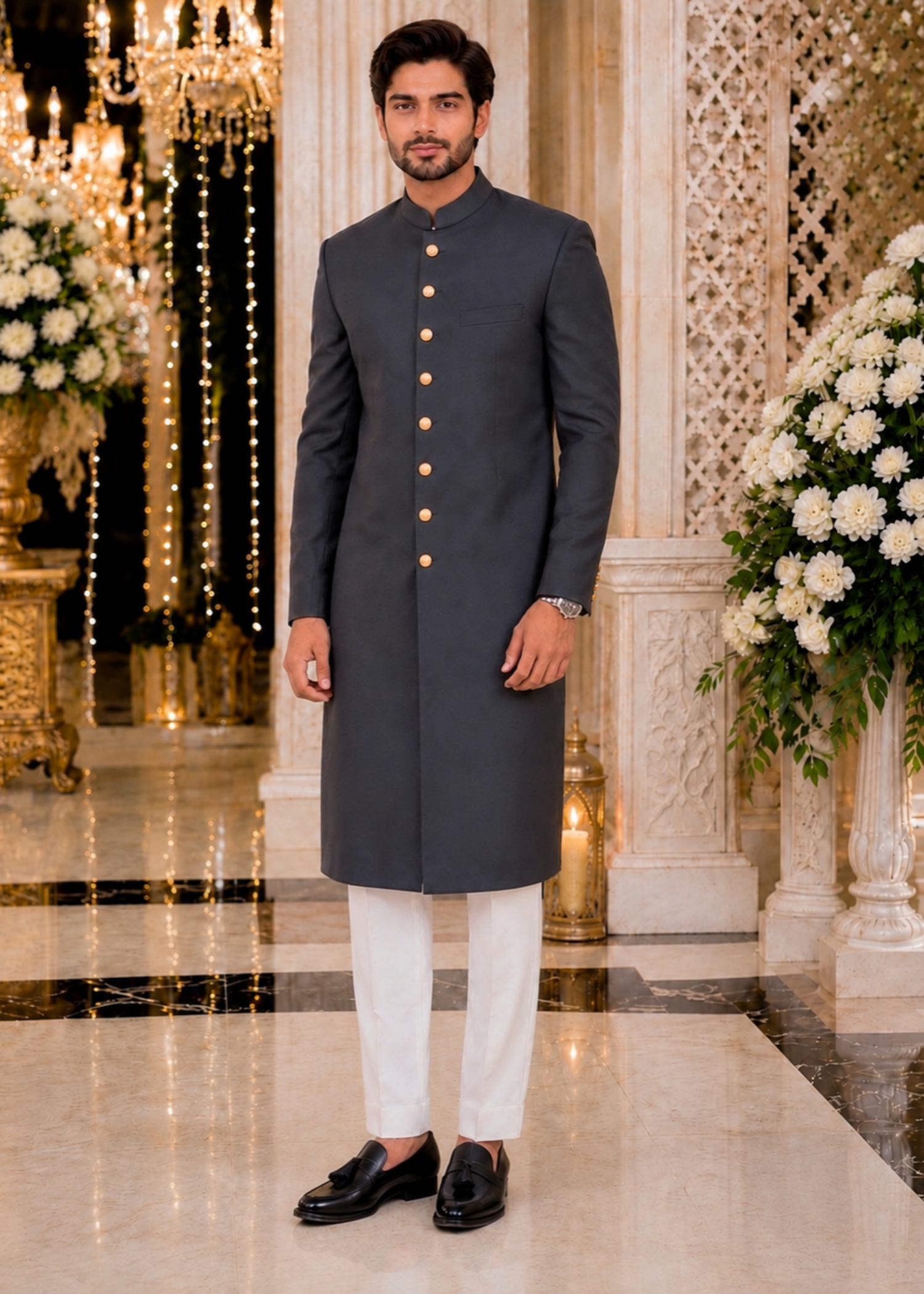 tropical Sherwani in Blue, grey