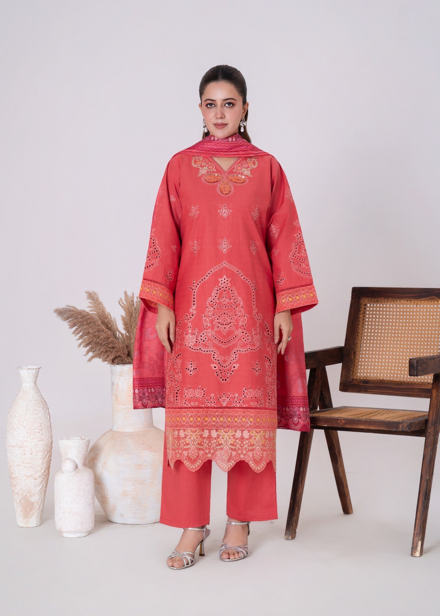 khaddar Kurta Set in Coral pink