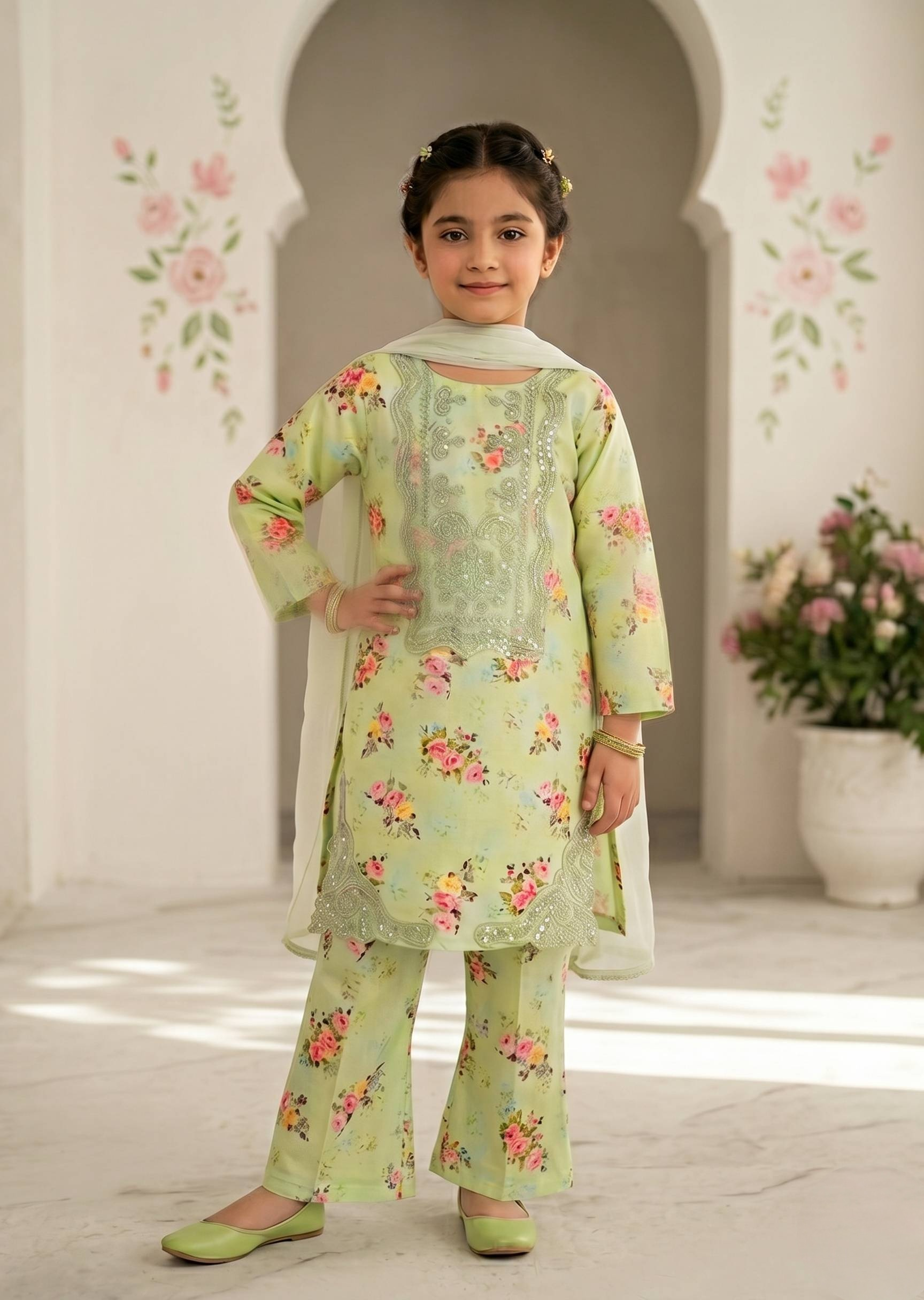lawn Kurta Set in Acid yellow