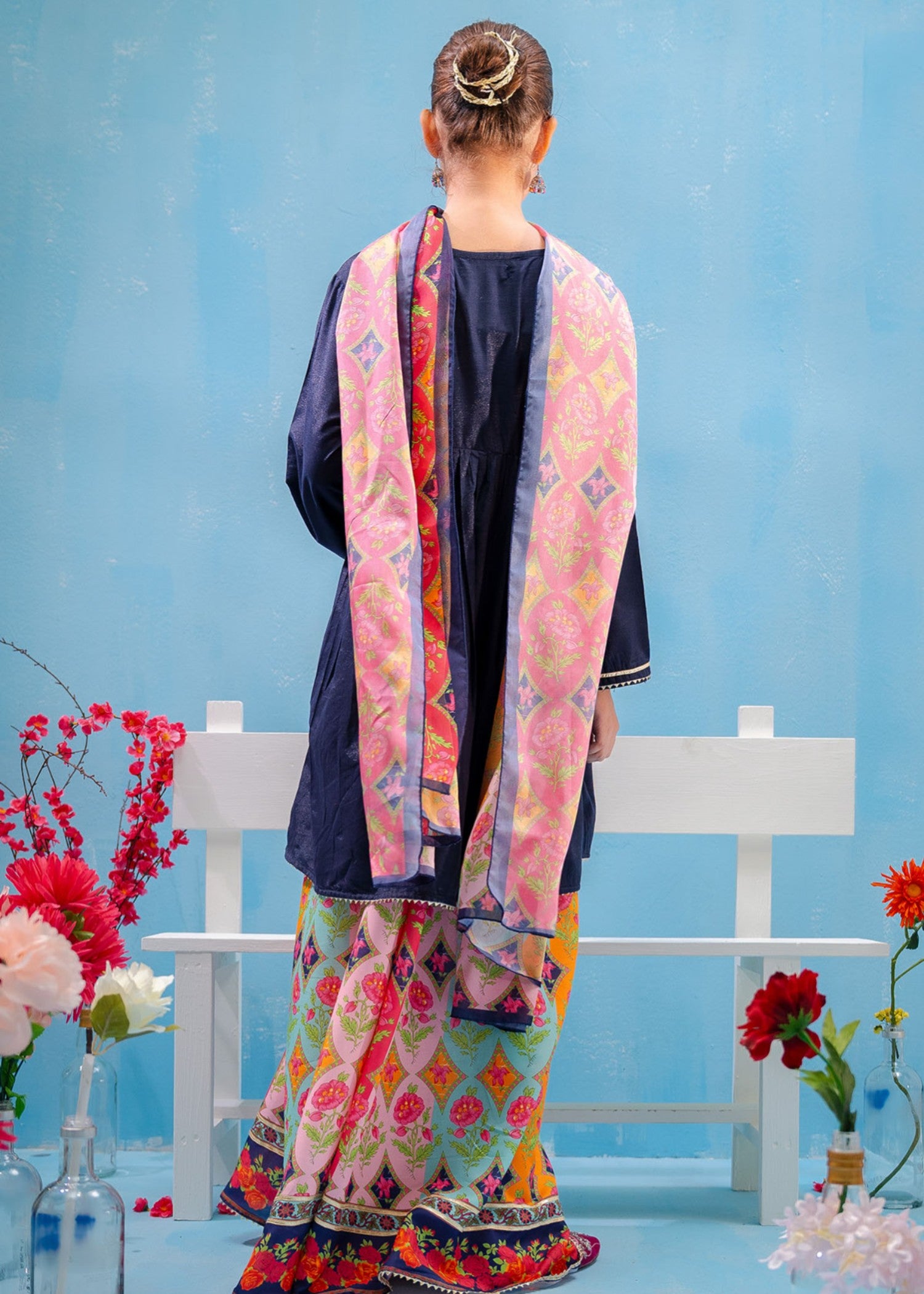 lawn Short Frock in Navy blue