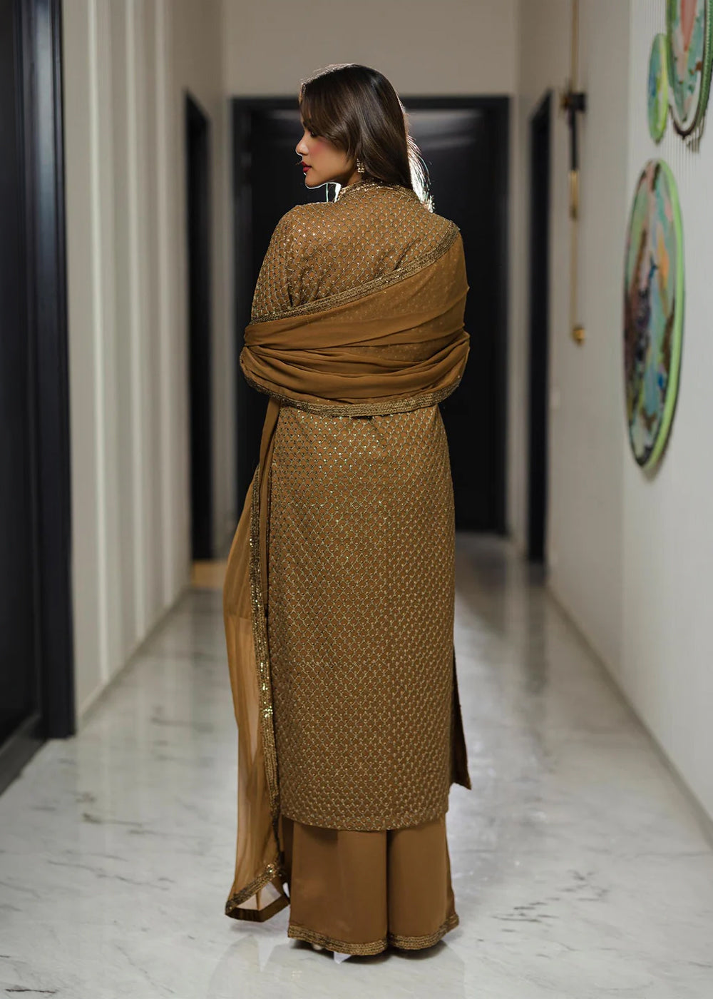chiffon Kurta Set in Oak brown