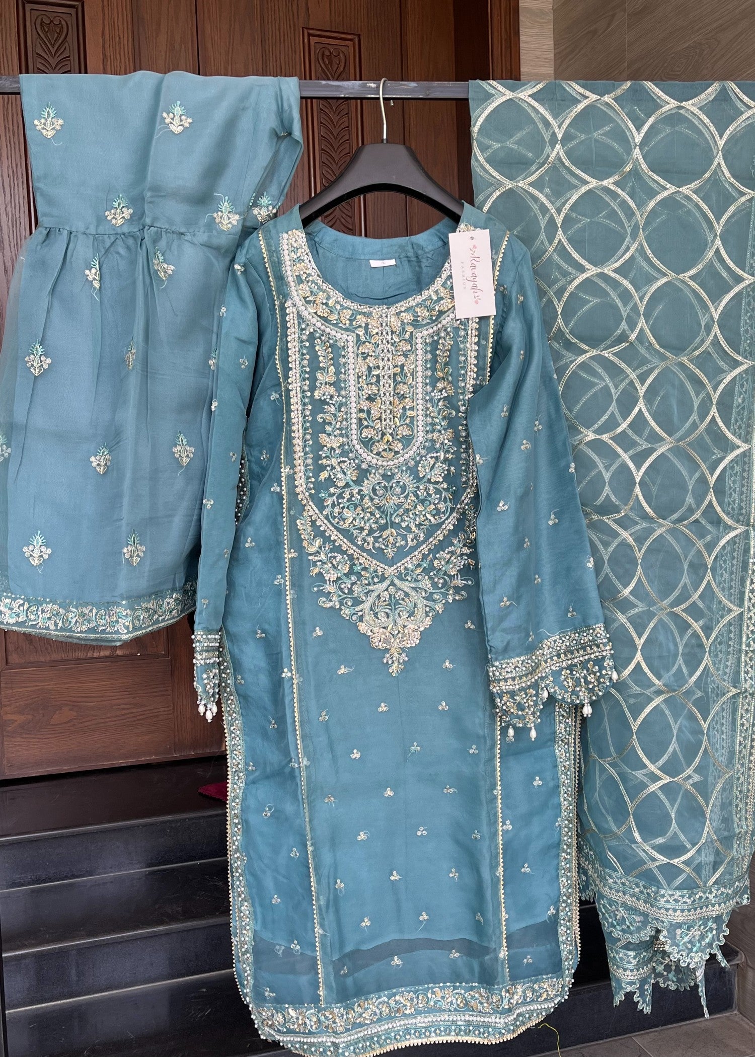 organza Gharara in Steel blue