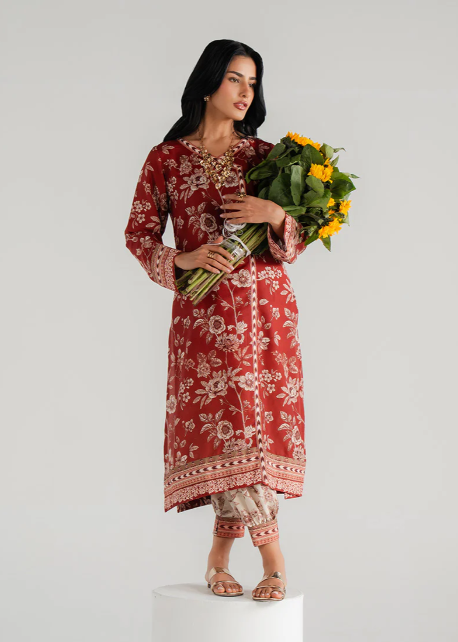 poly lawn Kurta Set in Red