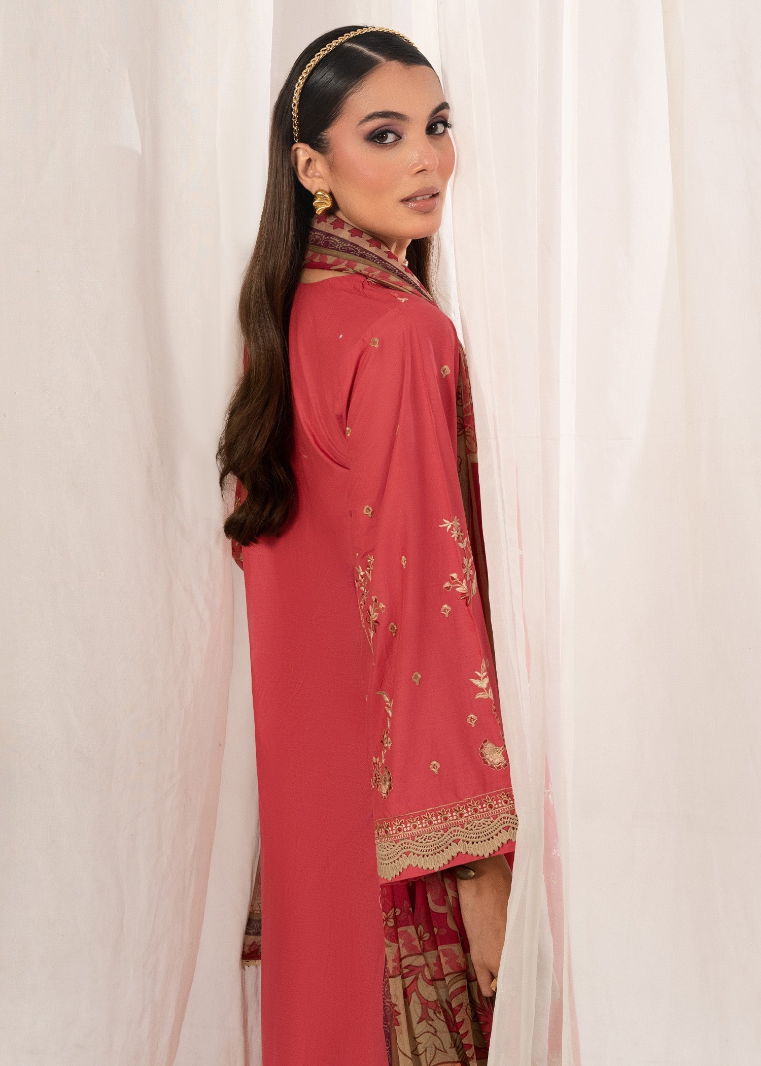 cambric cotton Kurta Set in Coral pink