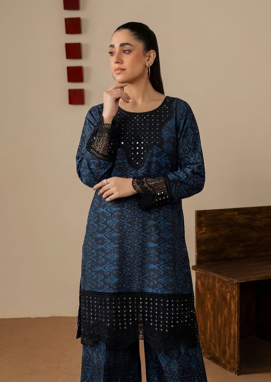 poly lawn Kurta Set in Navy blue