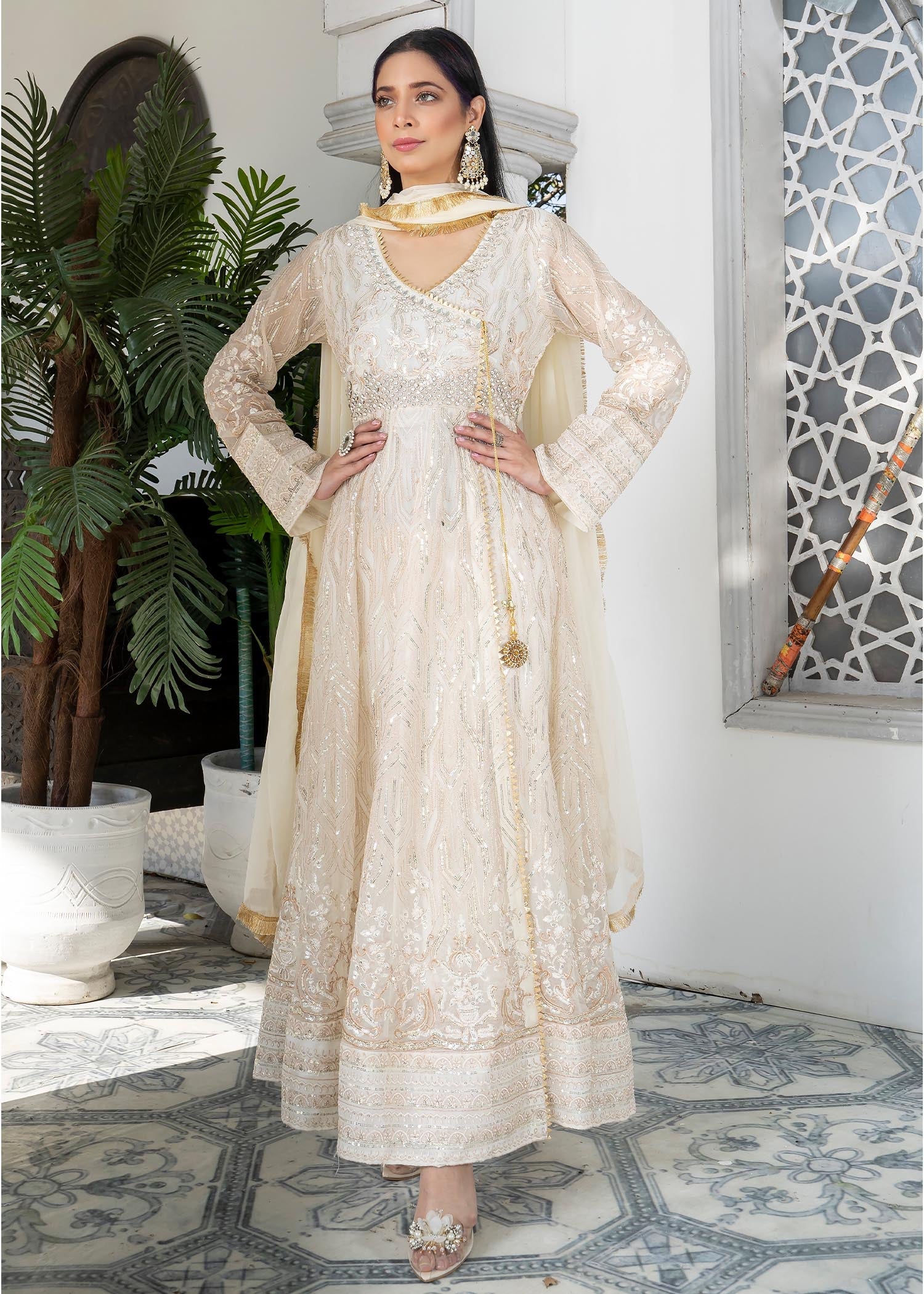 chiffon Angrakha in Off-white