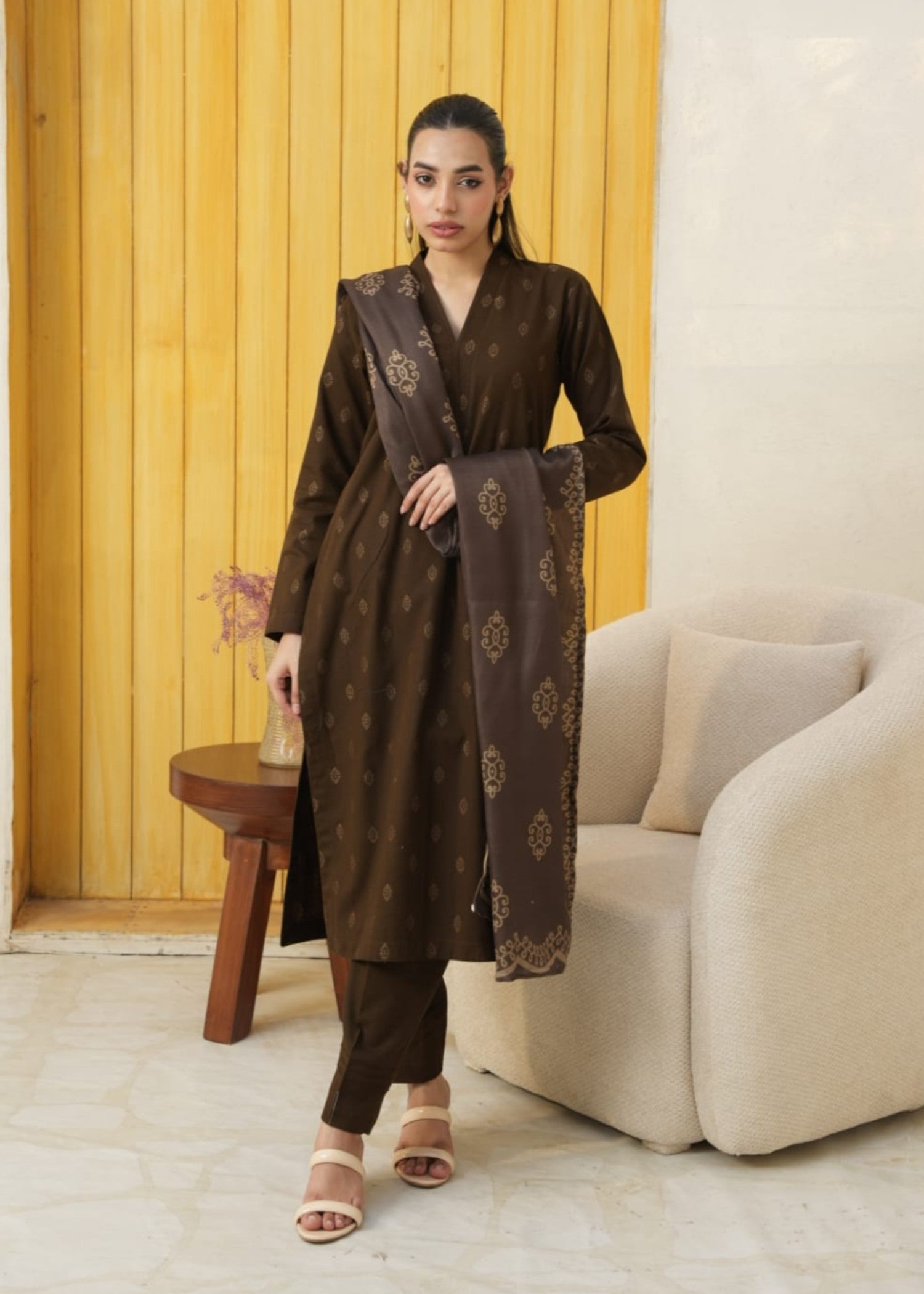 khaddar Kurta Set in Walnut brown