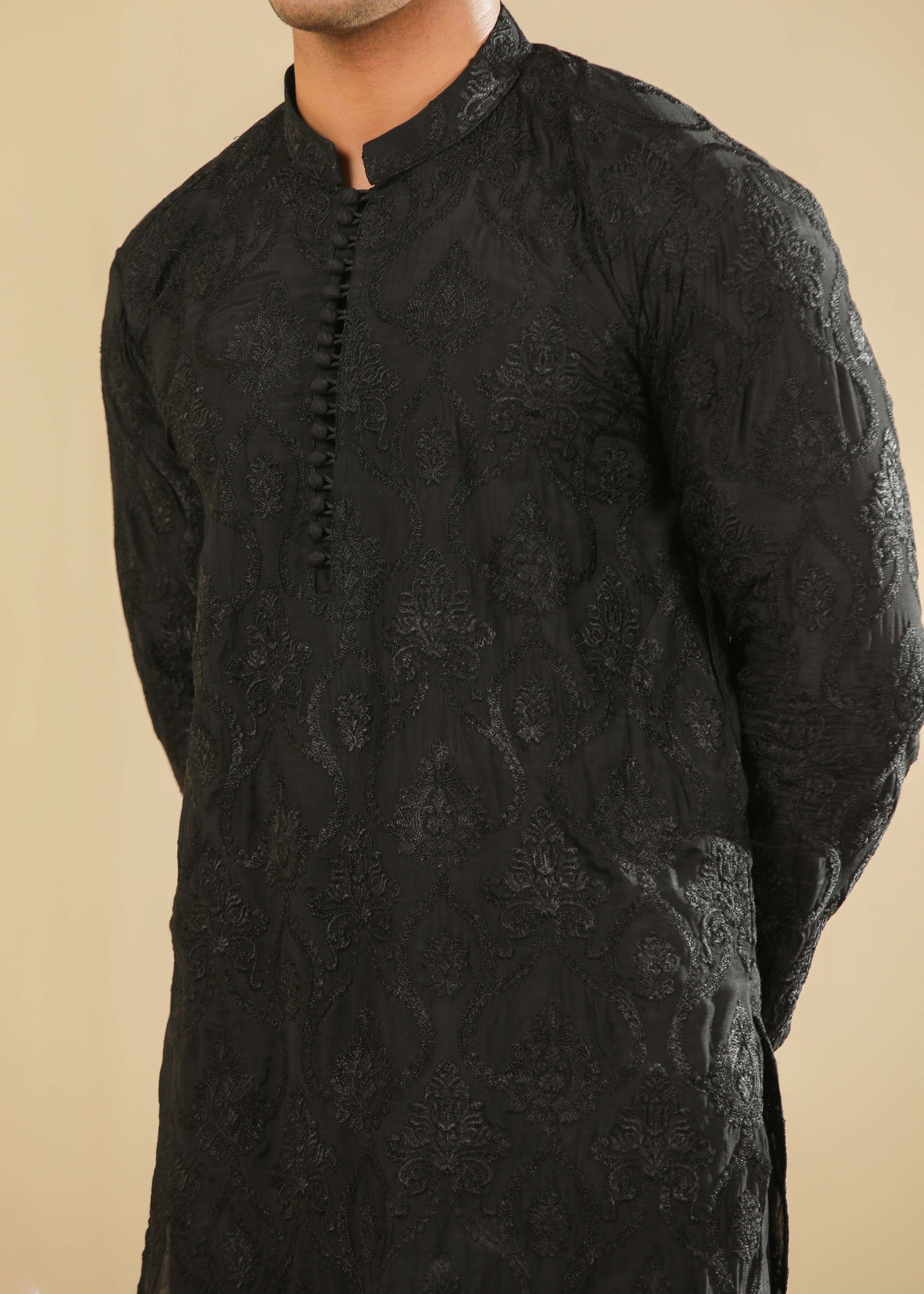 raw silk Kurta Set in Black by Muraqsh