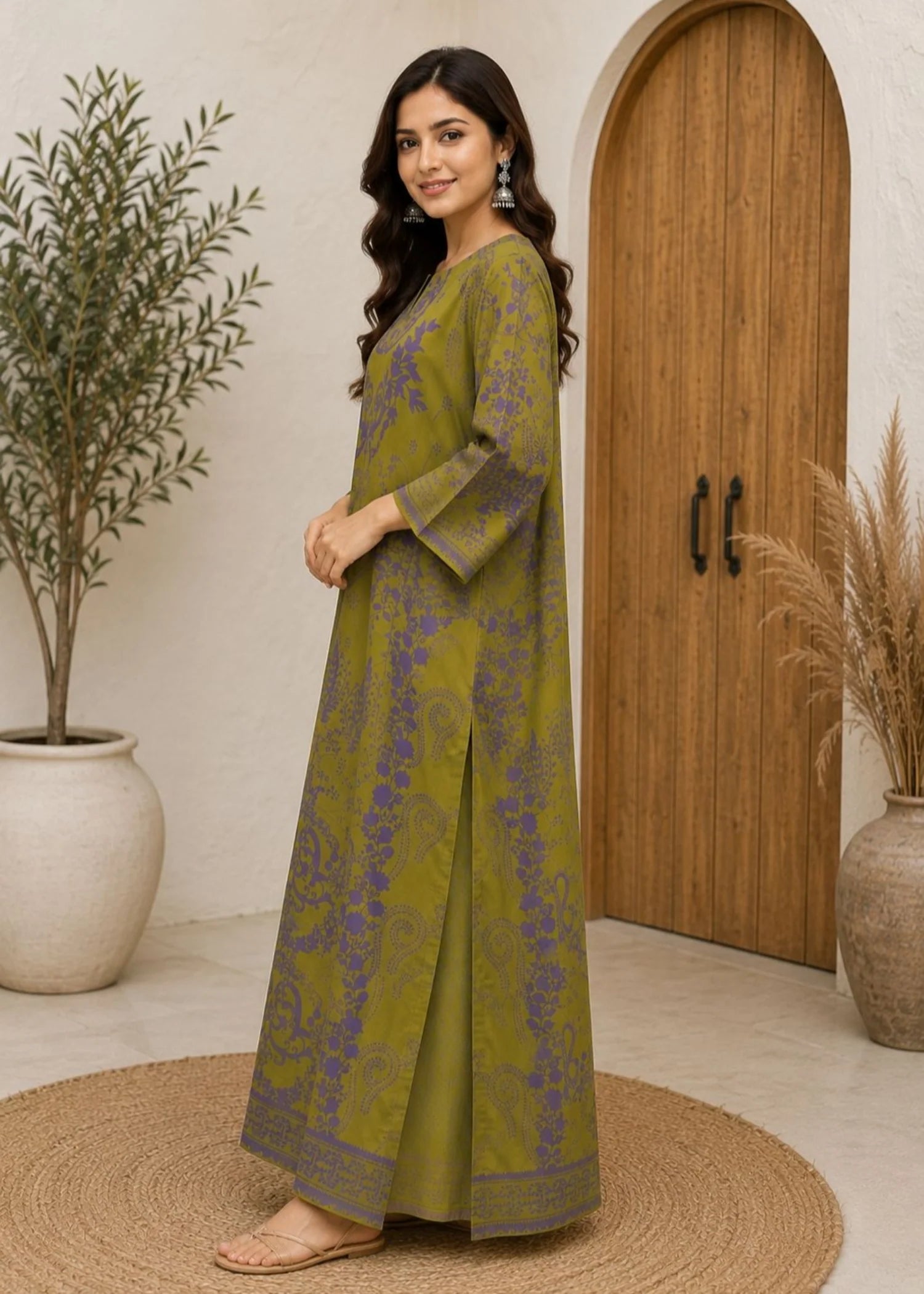 poly lawn Kurti in Olive green