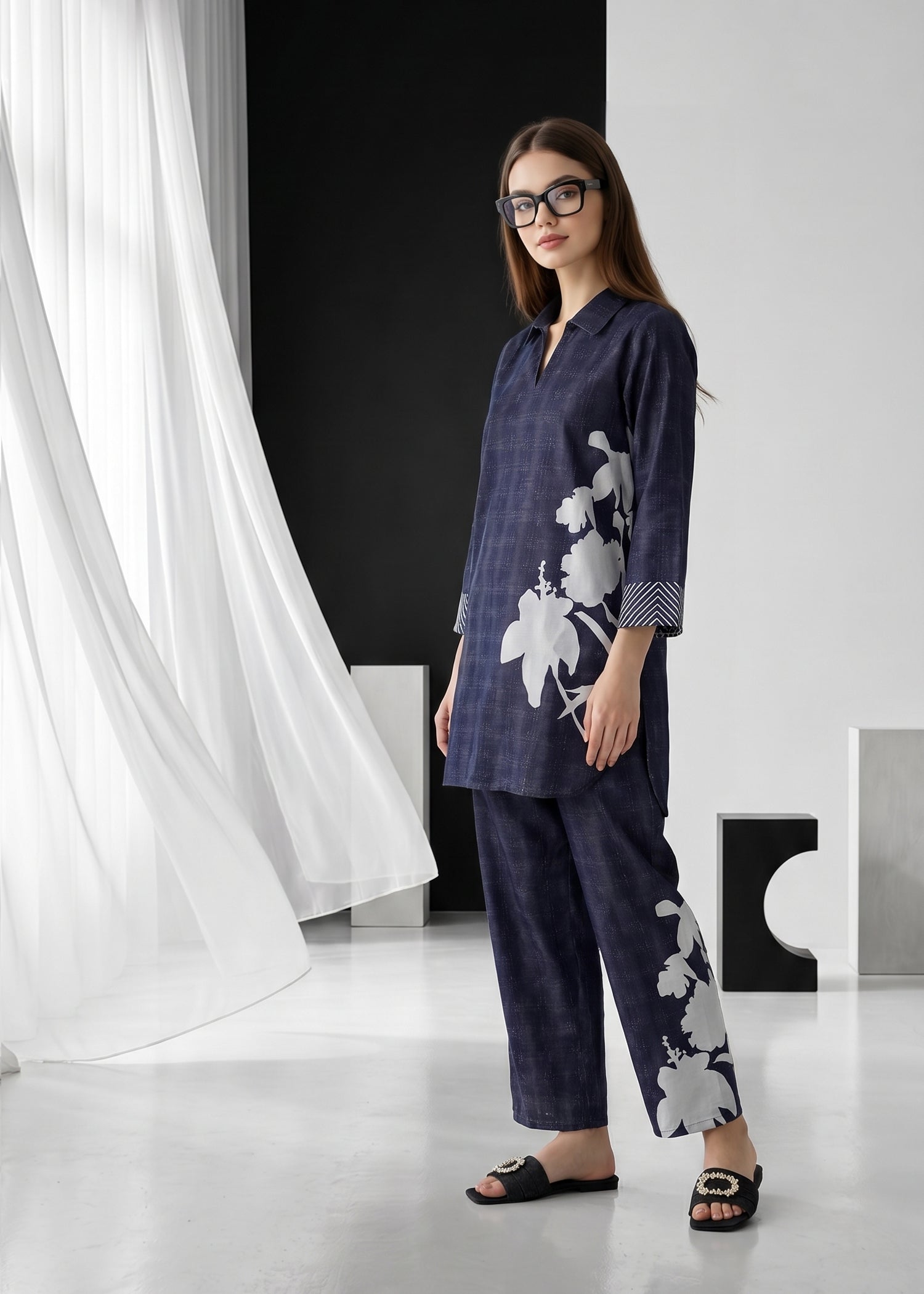 slub lawn Co Ord Sets in Twilight blue