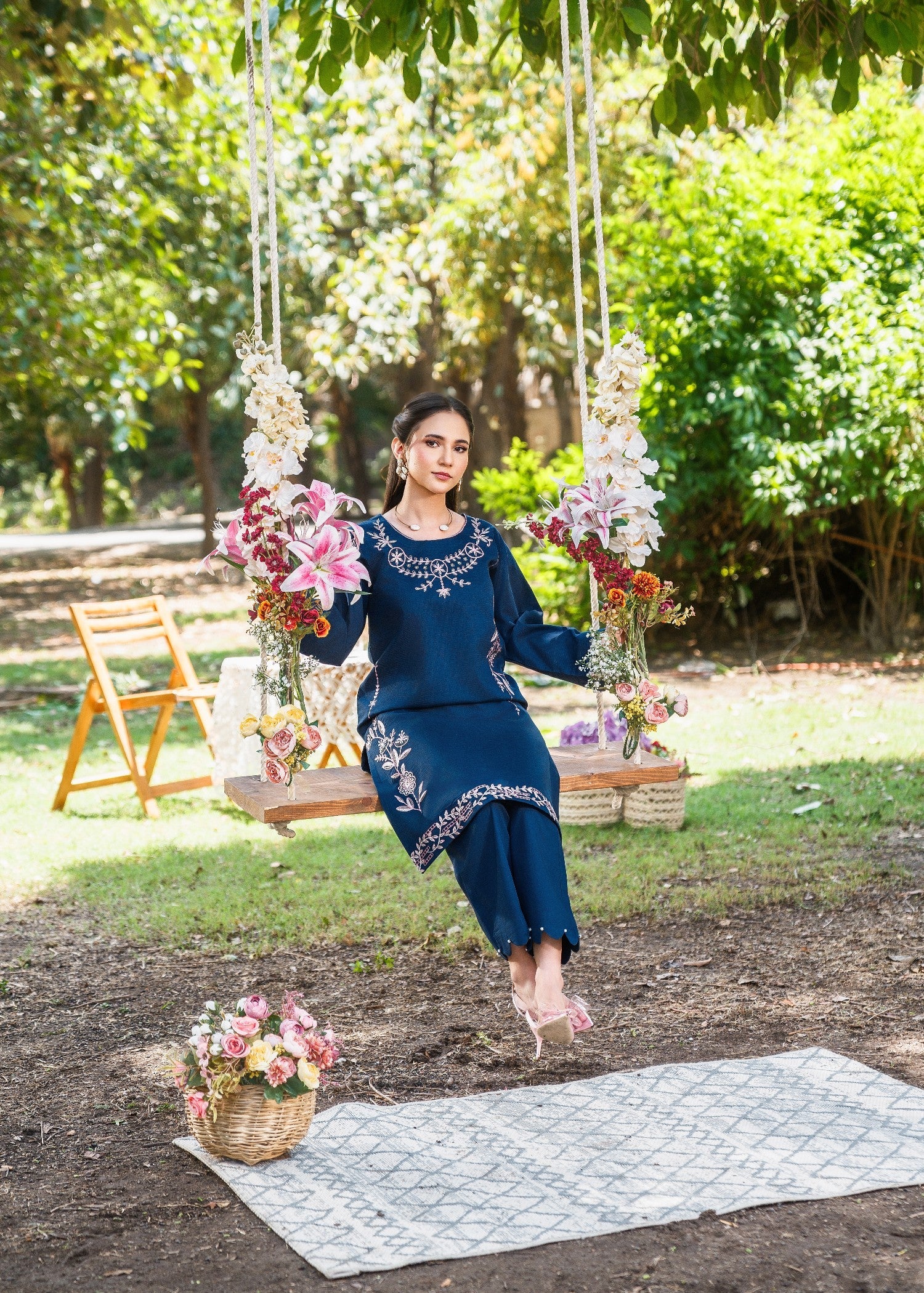 textured lawn Kurta Set in Navy blue