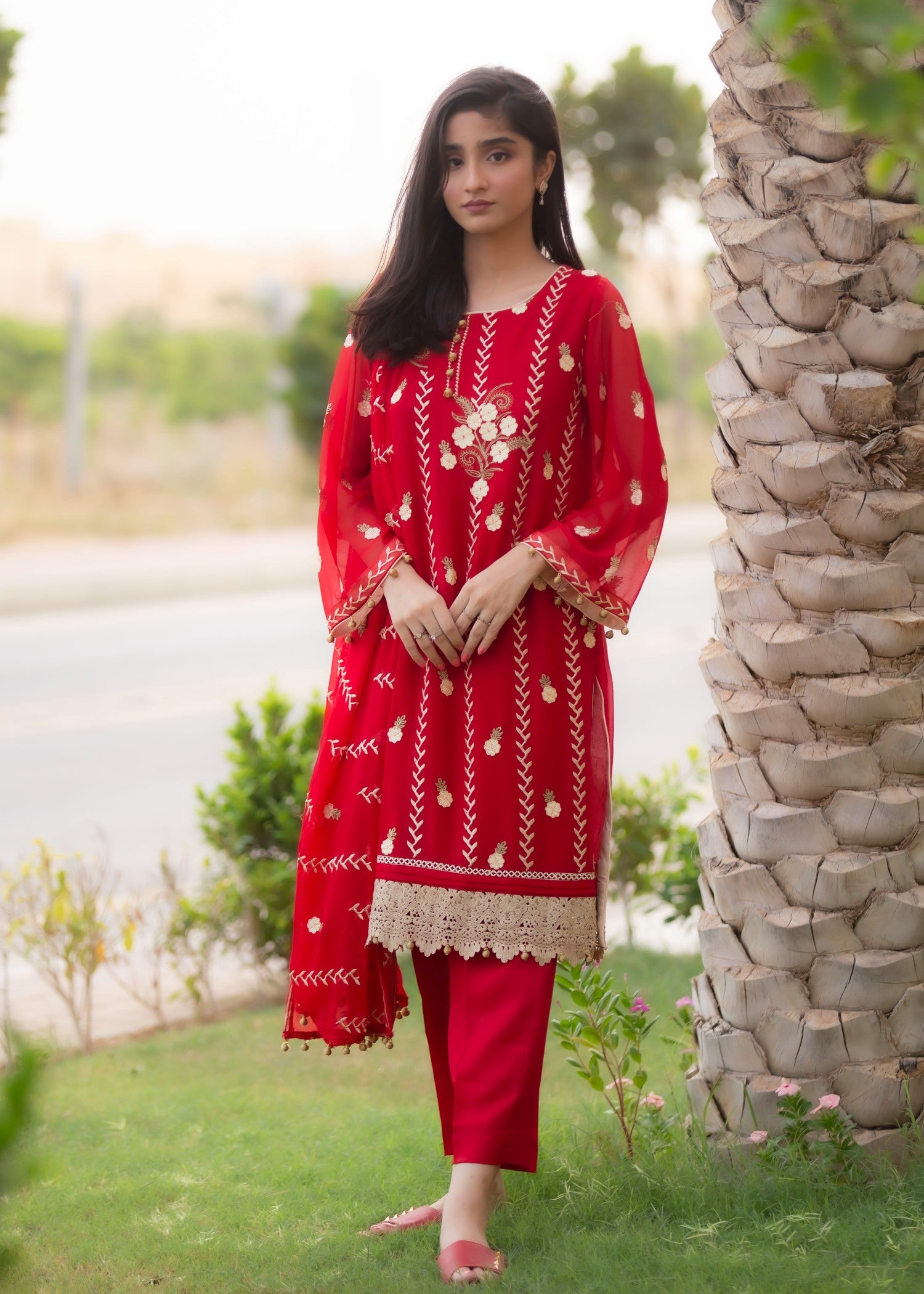 chiffon Kurta Set in Imperial red