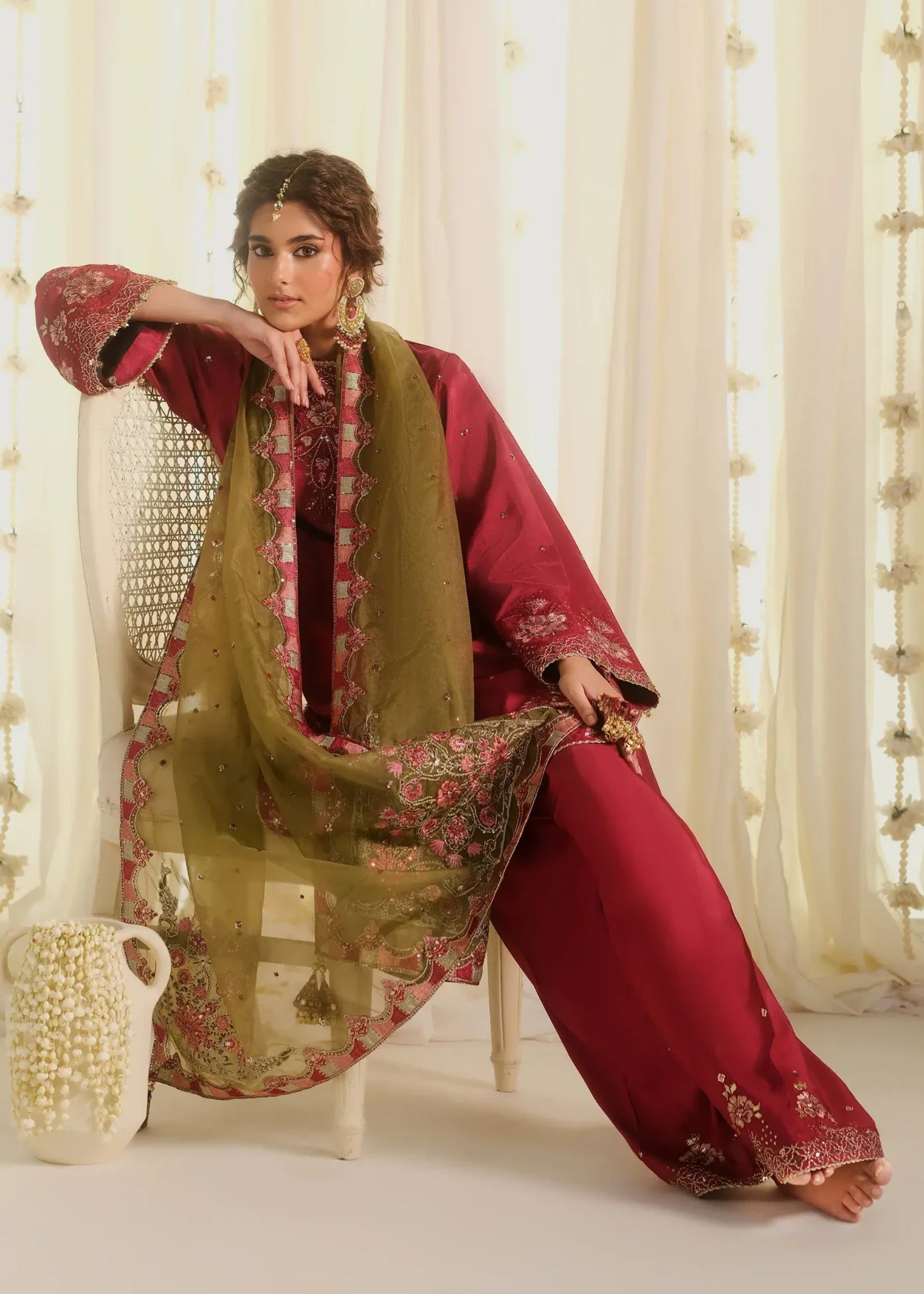 tussar silk Unstitched in Cherry red