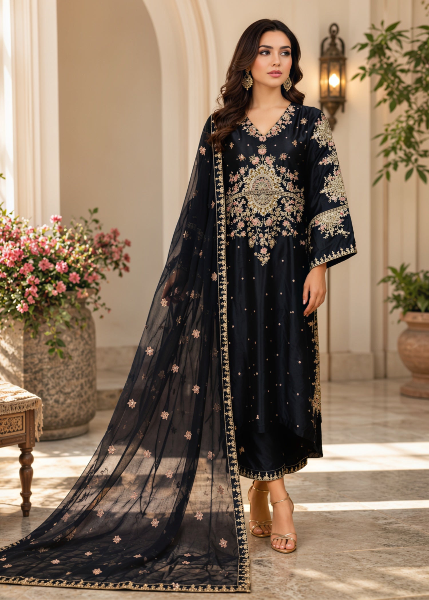 silk charmeuse Kaftan in Black