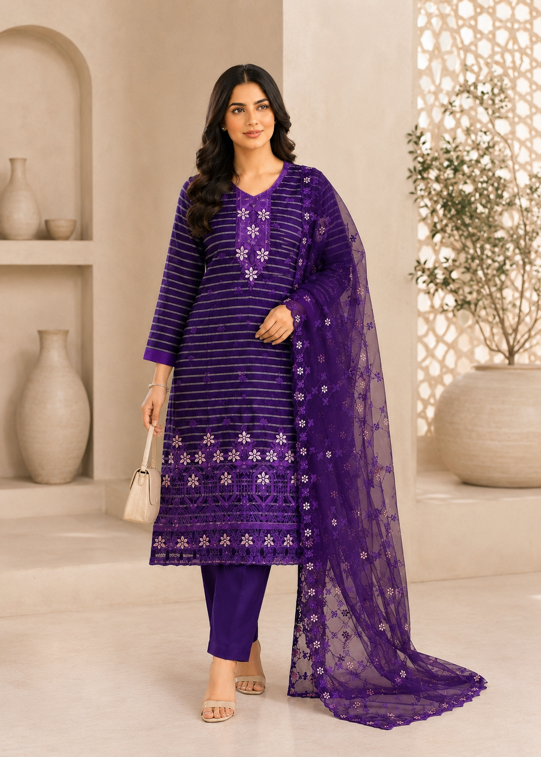 linen jacquard Kurta Set in Purple heart